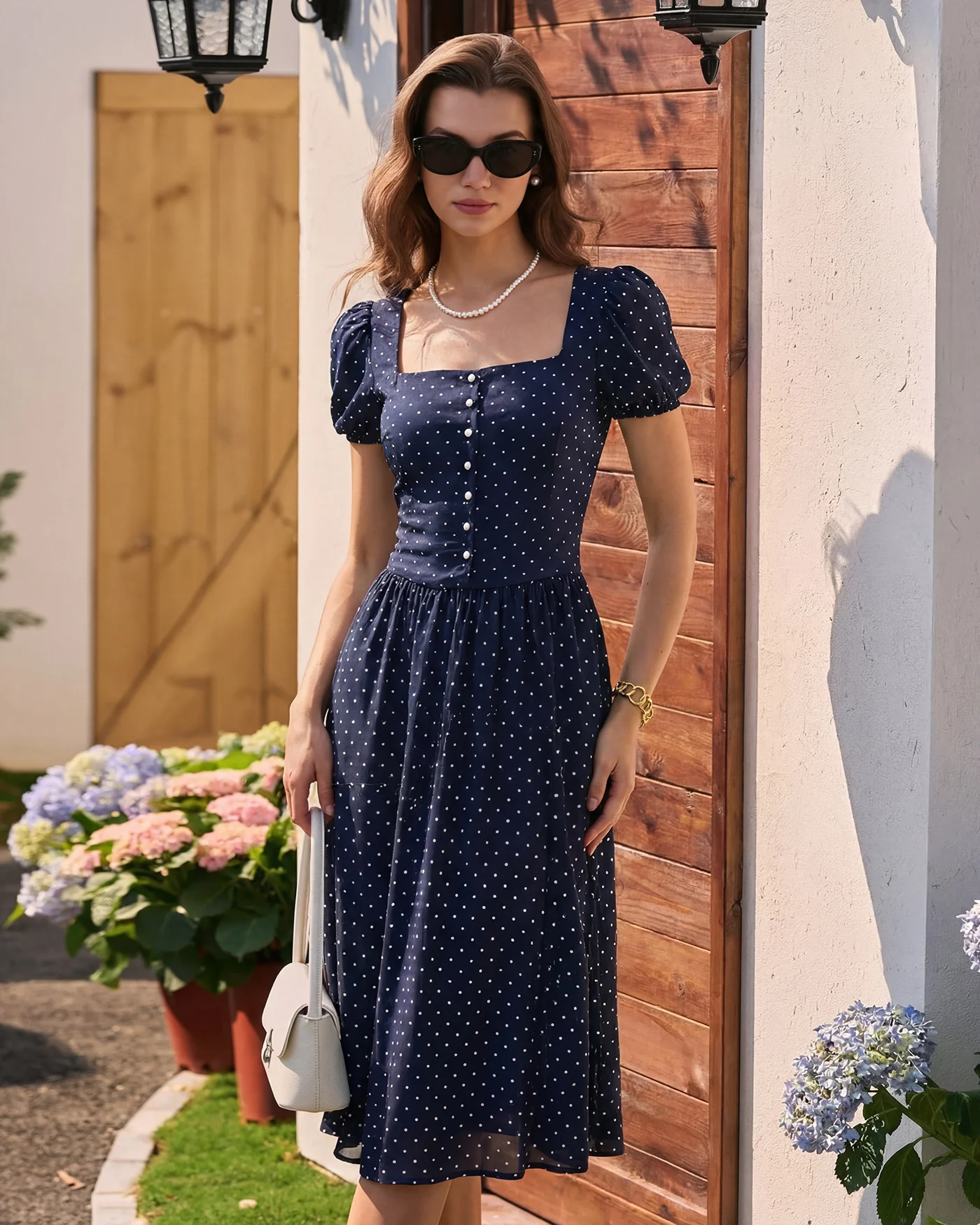 Blue Square Neck Polka Dot Blouse - Image 7