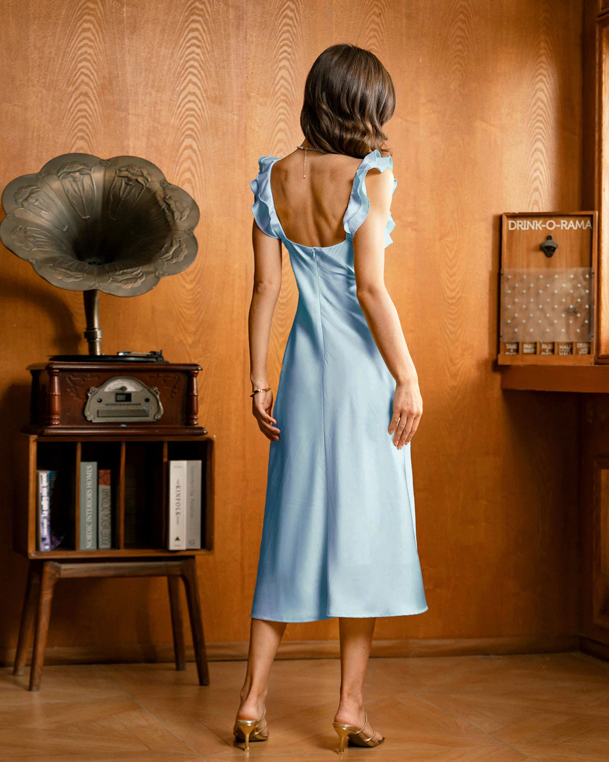 Blue Square Neck Ruffle Satin Midi Dress - Image 5