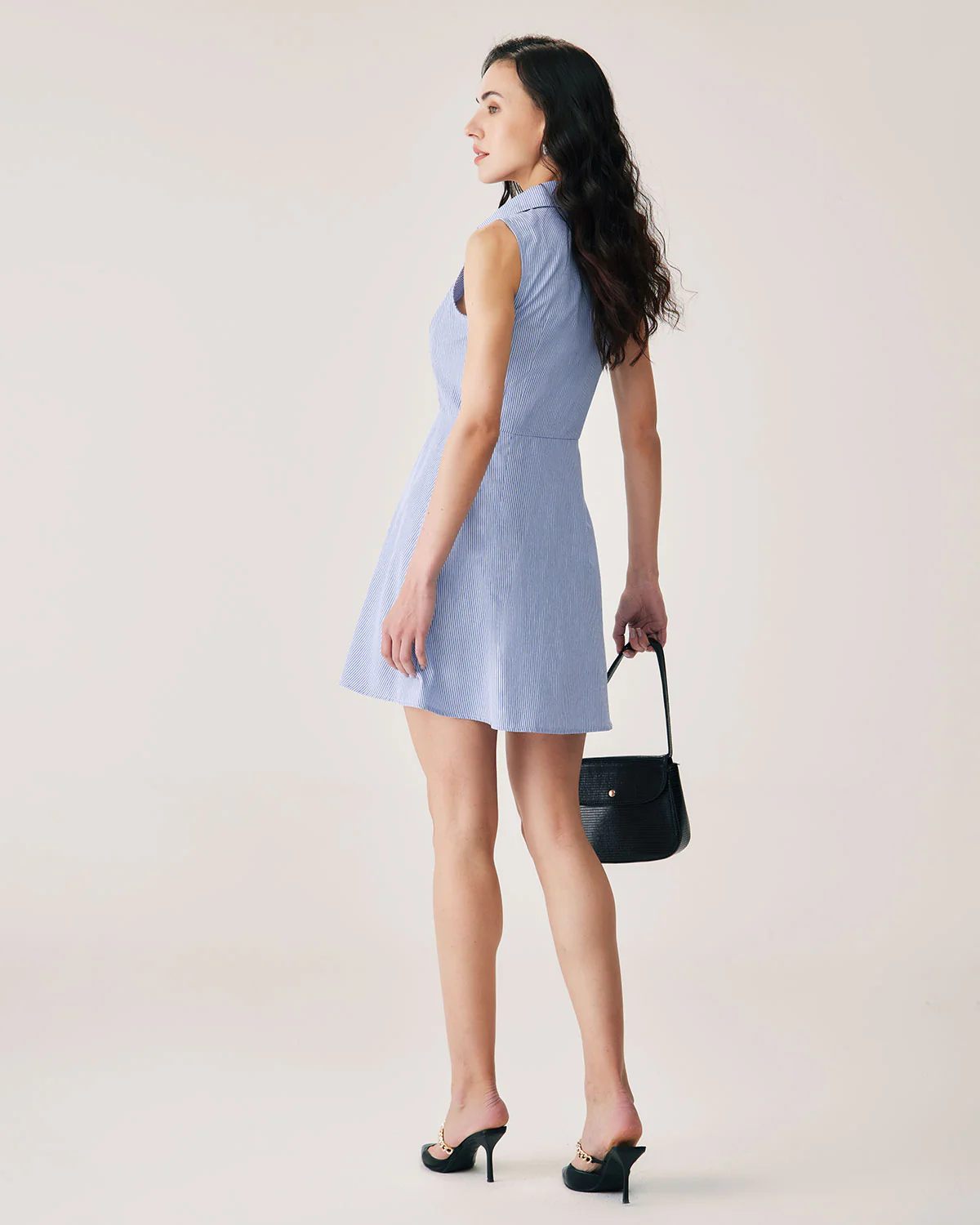 Blue Striped Button Mini Dress - Image 6