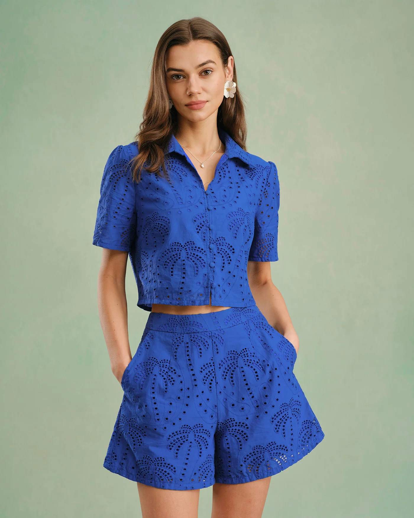 Blue Textured Button Collar Blouse
