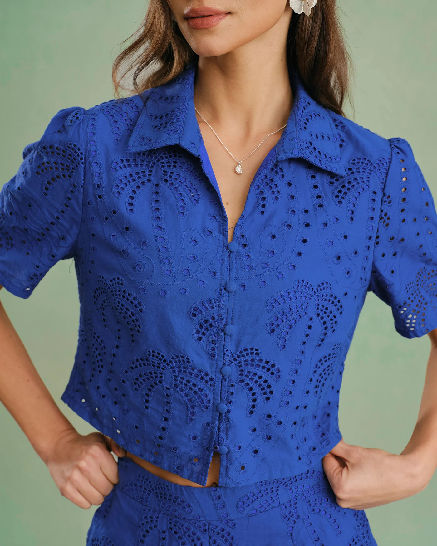 Blue Textured Button Collar Blouse - Image 2