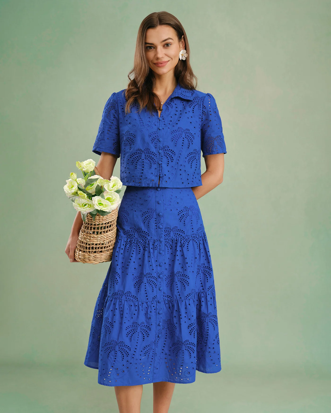Blue Textured Button Collar Blouse - Image 3