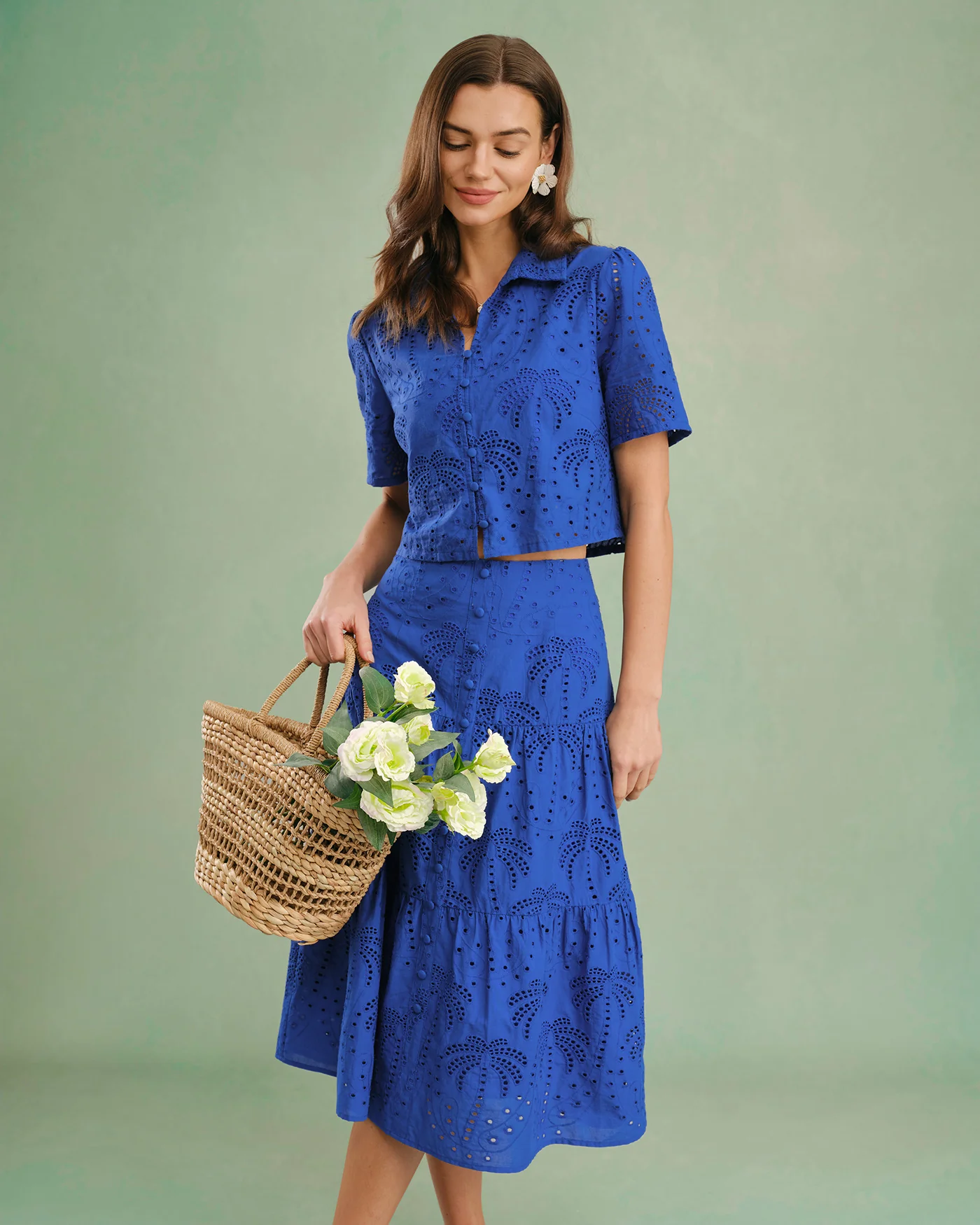 Blue Textured Button Collar Blouse - Image 4