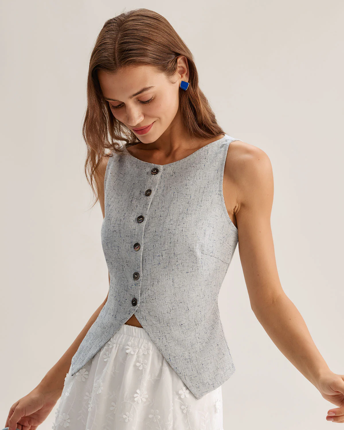 Blue Textured Button Vest - Image 3