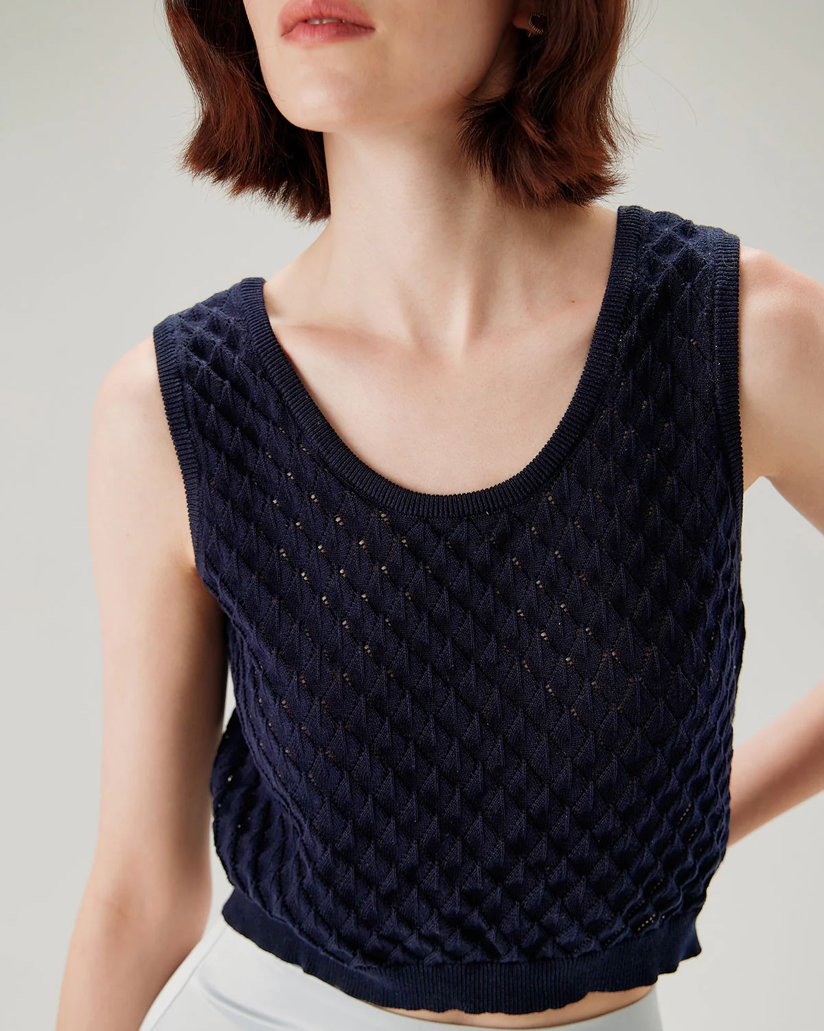 Blue Textured Crochet Tank Top - Image 3