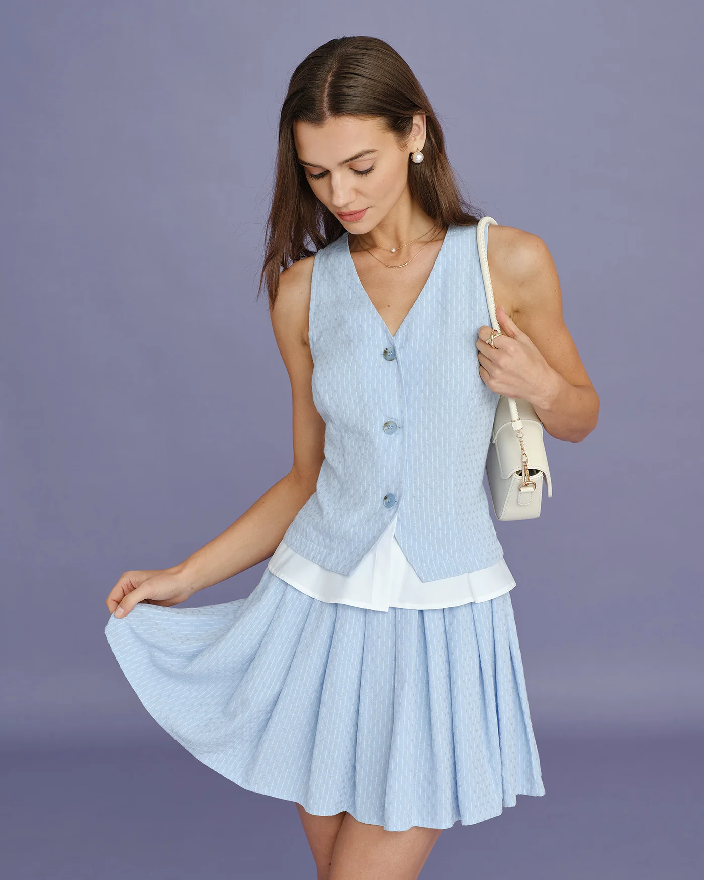 Blue Textured Pleated Mini Skirt - Image 5