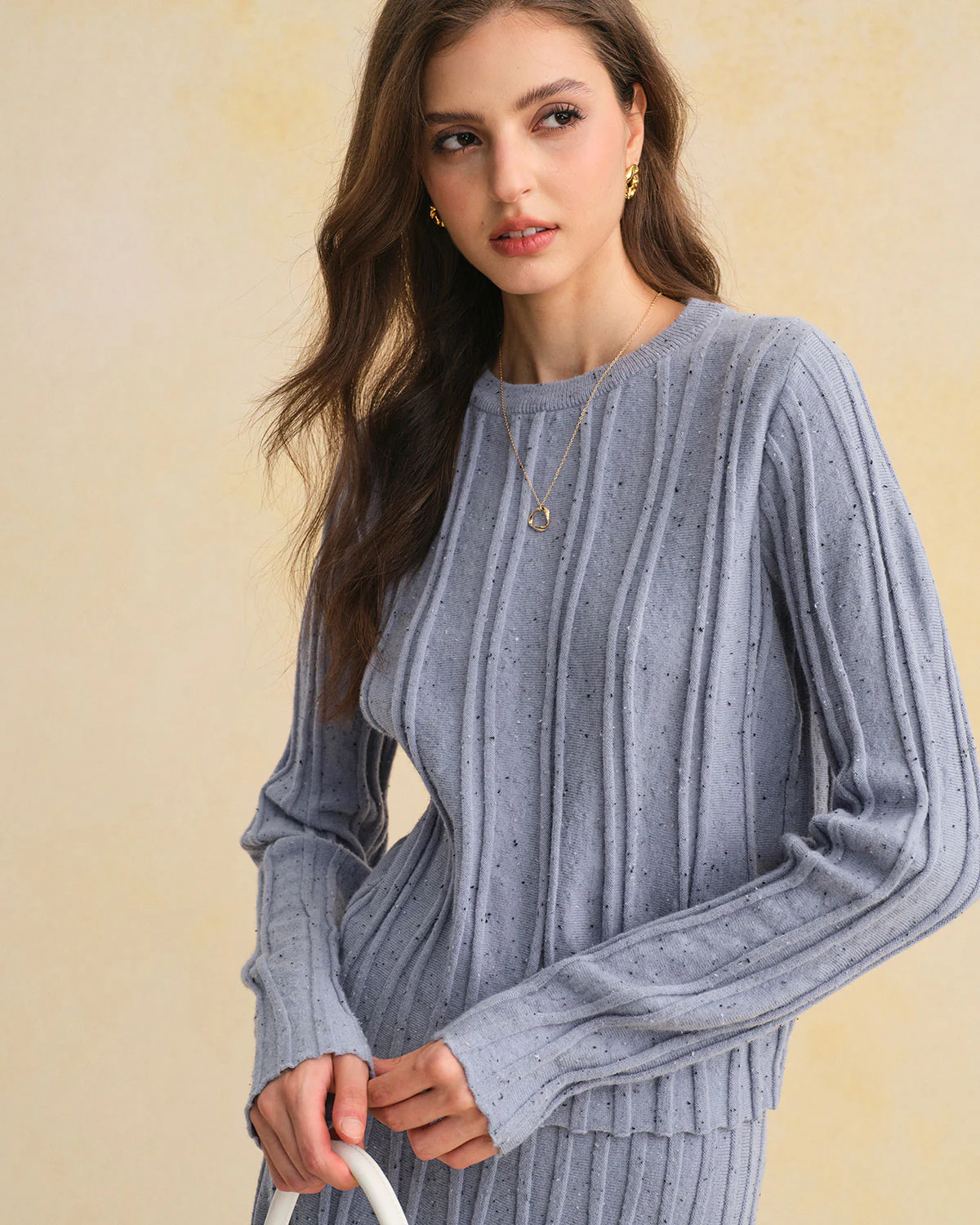 Blue Textured Round Neck Sweater - Image 2
