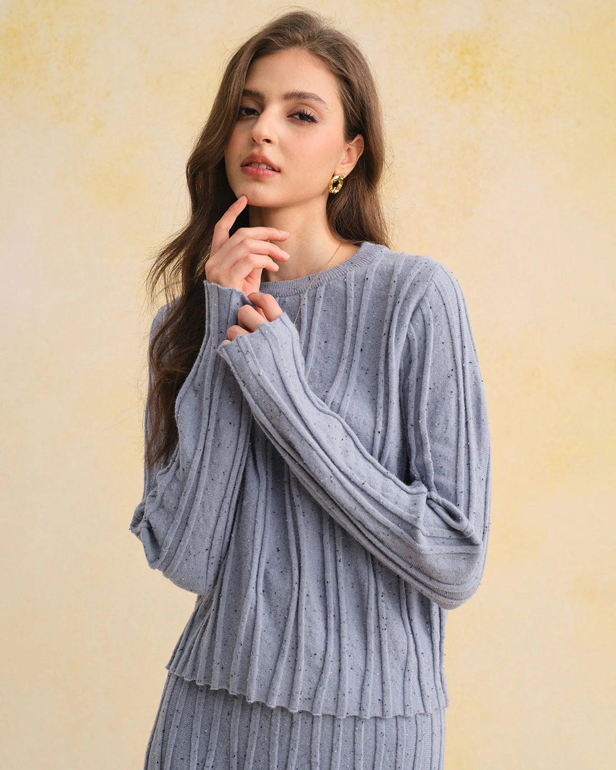 Blue Textured Round Neck Sweater - Image 3