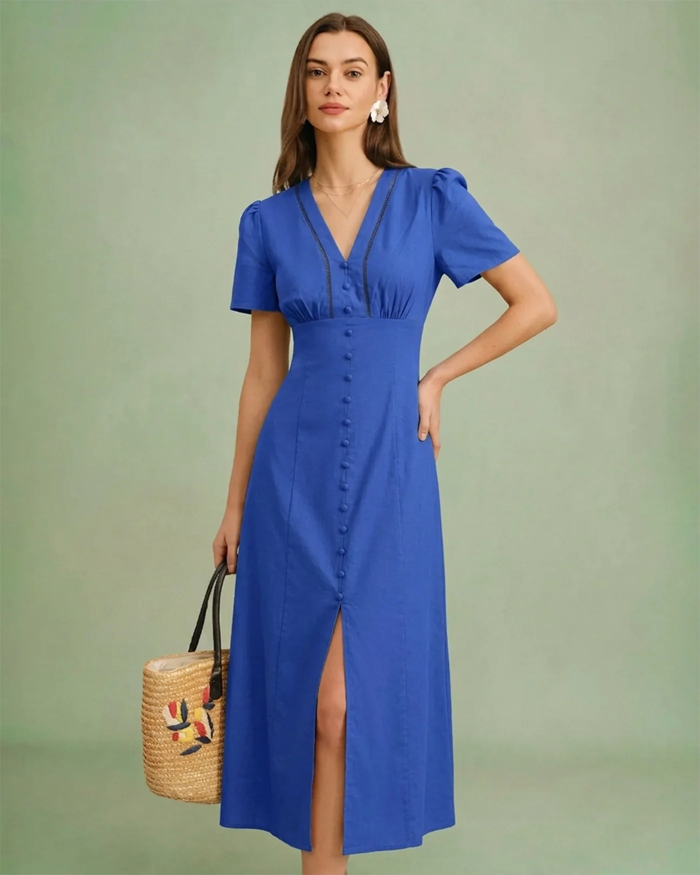 Blue V Neck A-Line Button Midi Dress - Image 3