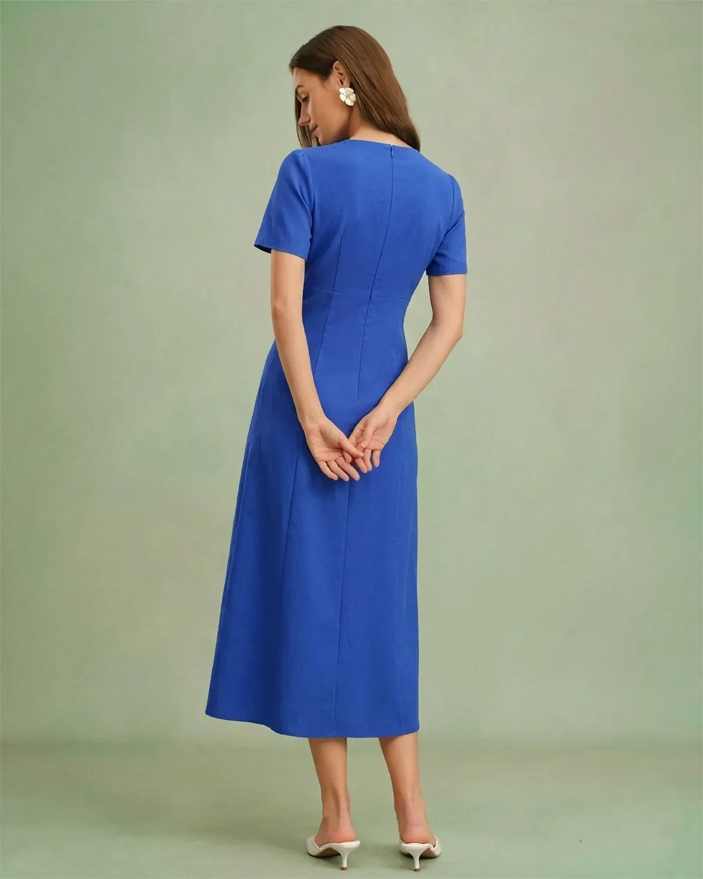 Blue V Neck A-Line Button Midi Dress - Image 4