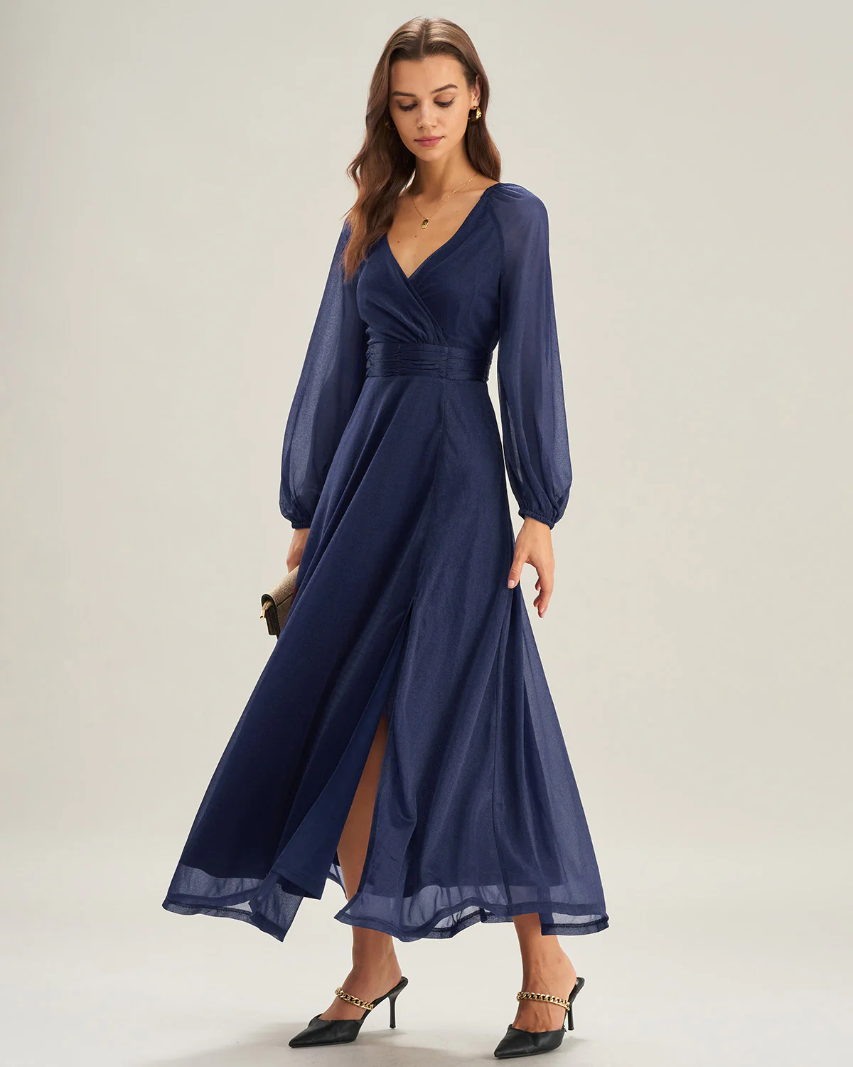 Blue V Neck A-Line Maxi Dress - Image 4