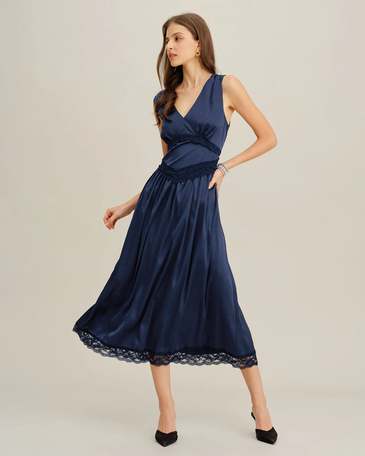 Blue V Neck A-Line Sleeveless Midi Dress - Image 3