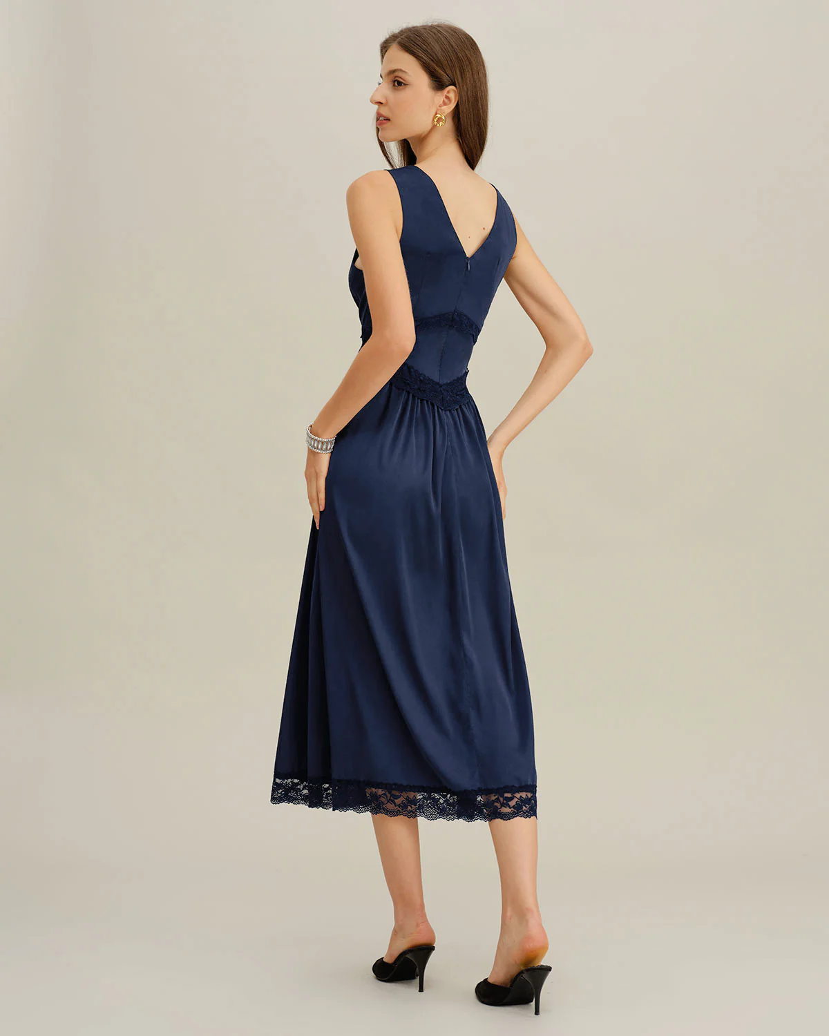 Blue V Neck A-Line Sleeveless Midi Dress - Image 4