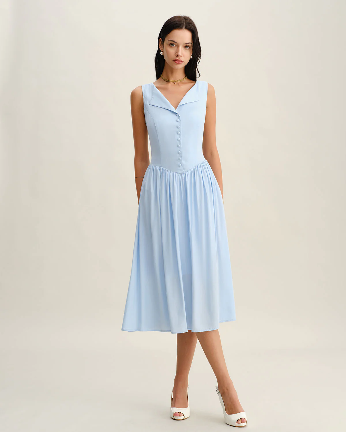 Blue V Neck Button Sleeveless Midi Dress - Image 3