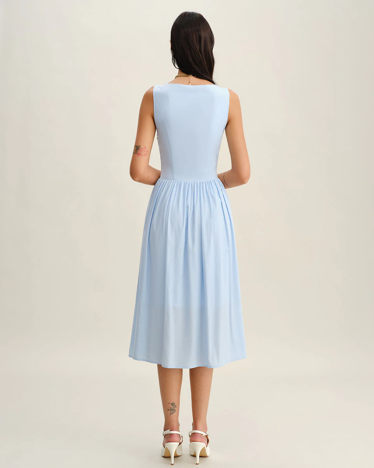 Blue V Neck Button Sleeveless Midi Dress - Image 4