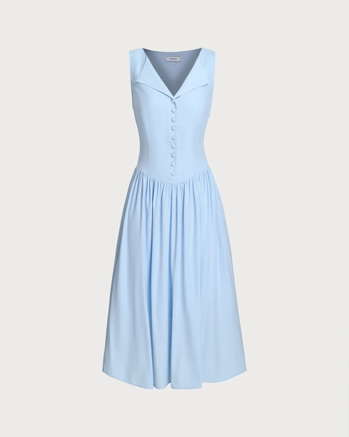 Blue V Neck Button Sleeveless Midi Dress - Image 5