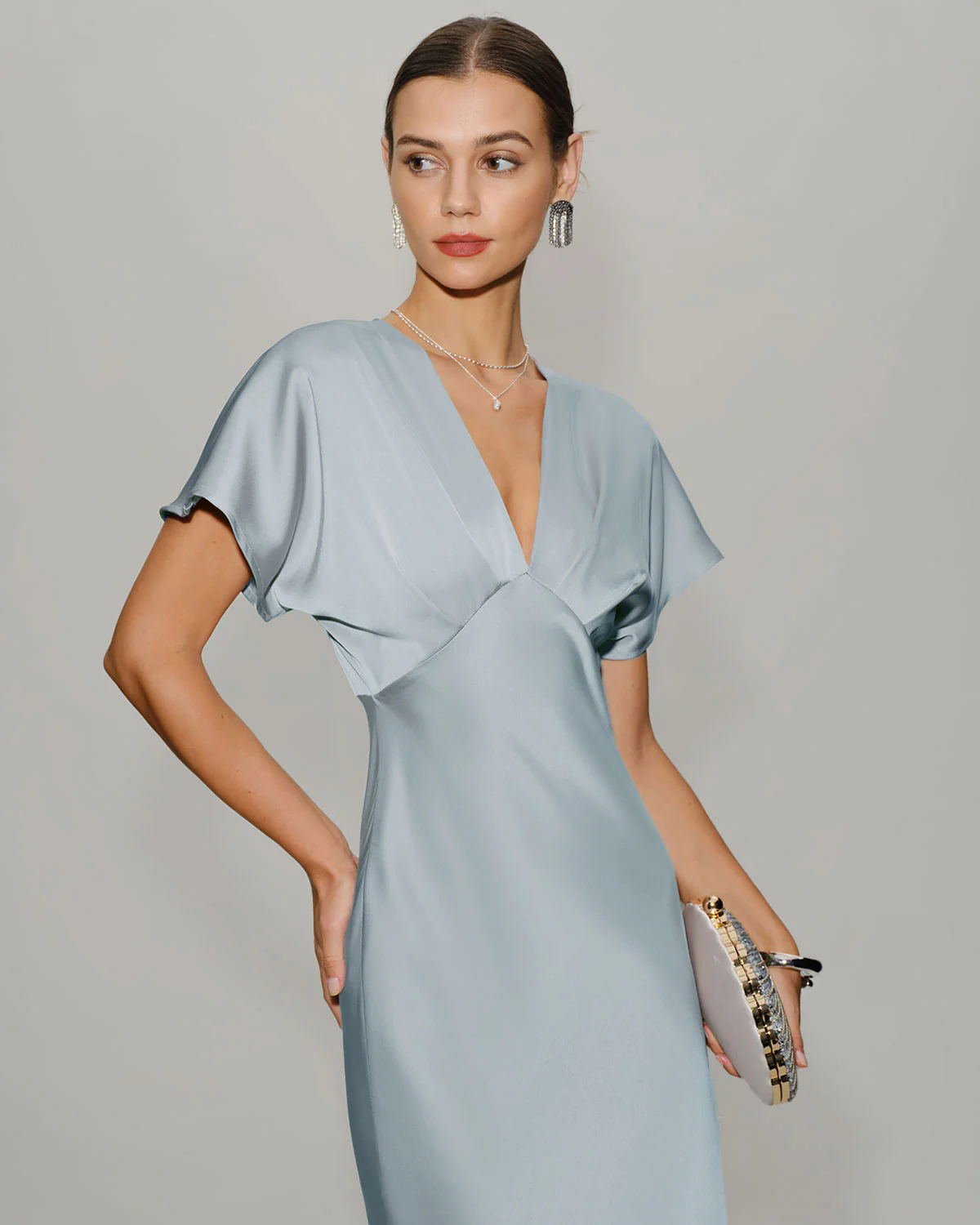 Blue V Neck Cowl Sleeve Satin Midi Dress - Image 2