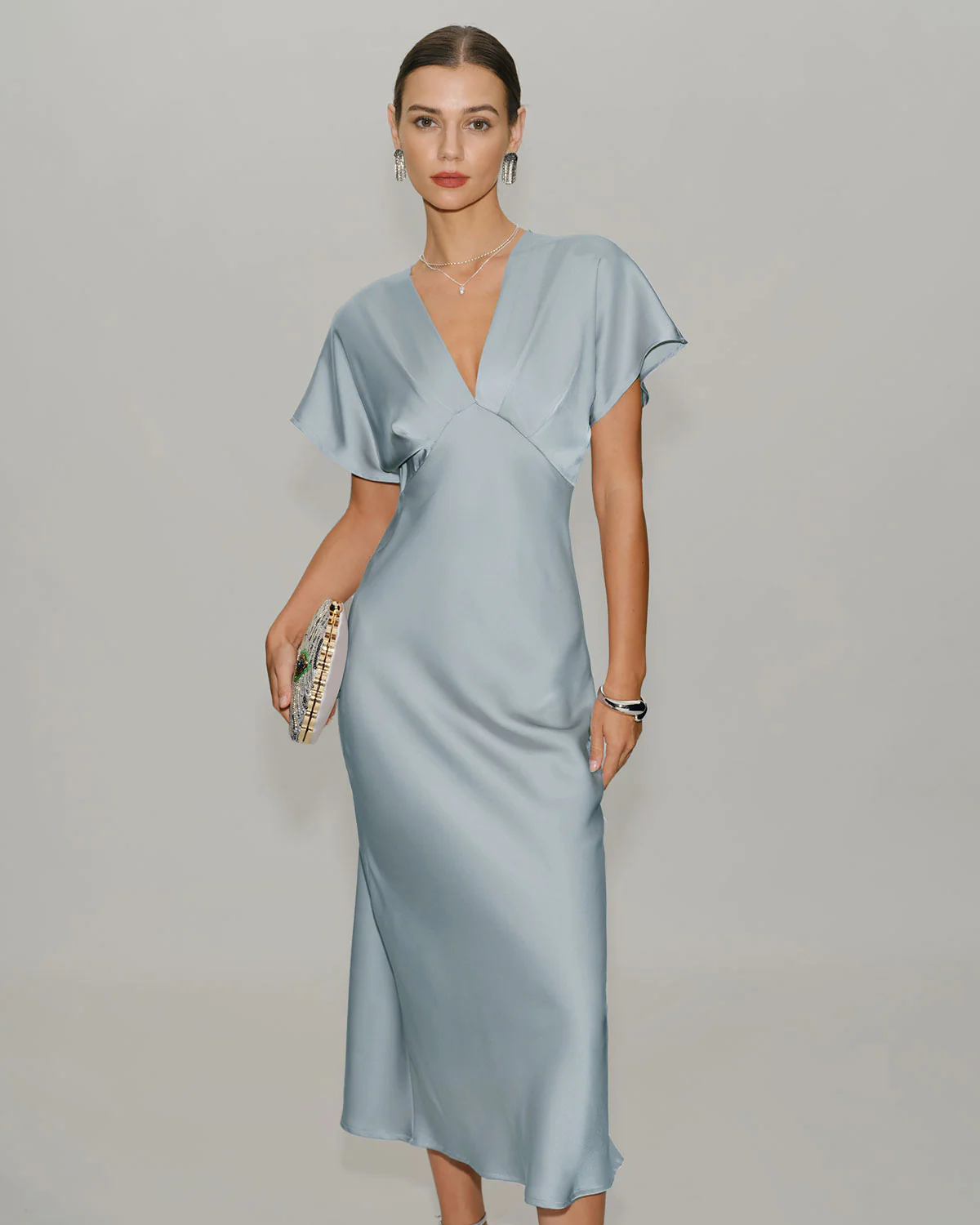 Blue V Neck Cowl Sleeve Satin Midi Dress - Image 3