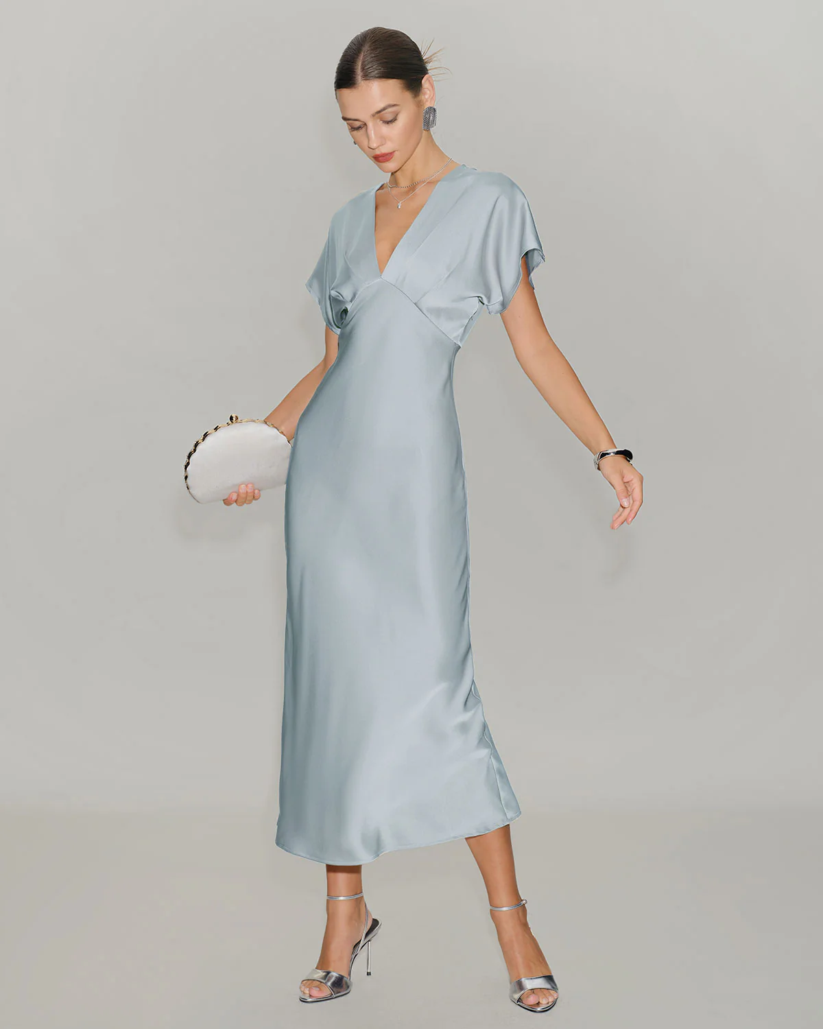 Blue V Neck Cowl Sleeve Satin Midi Dress - Image 4