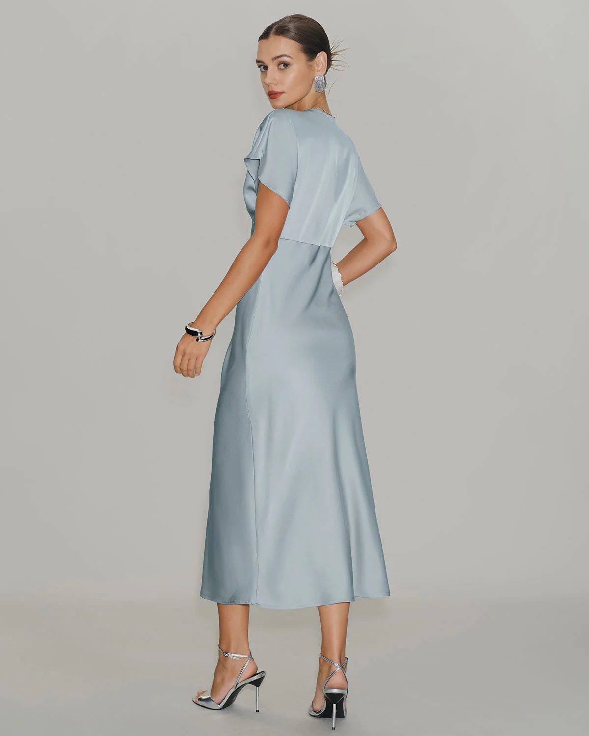 Blue V Neck Cowl Sleeve Satin Midi Dress - Image 5
