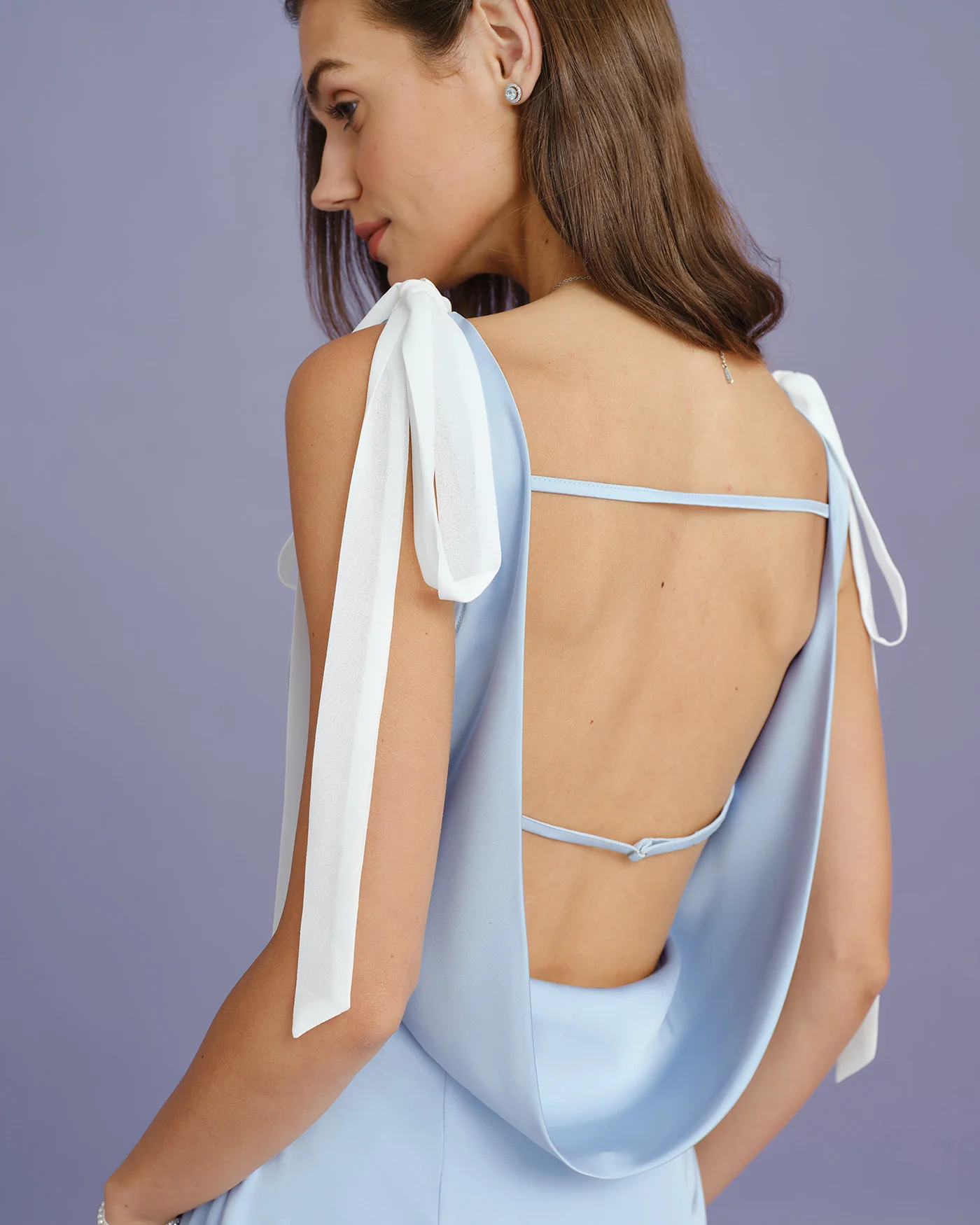 Blue V Neck Cut Out Satin Midi Dress - Image 3
