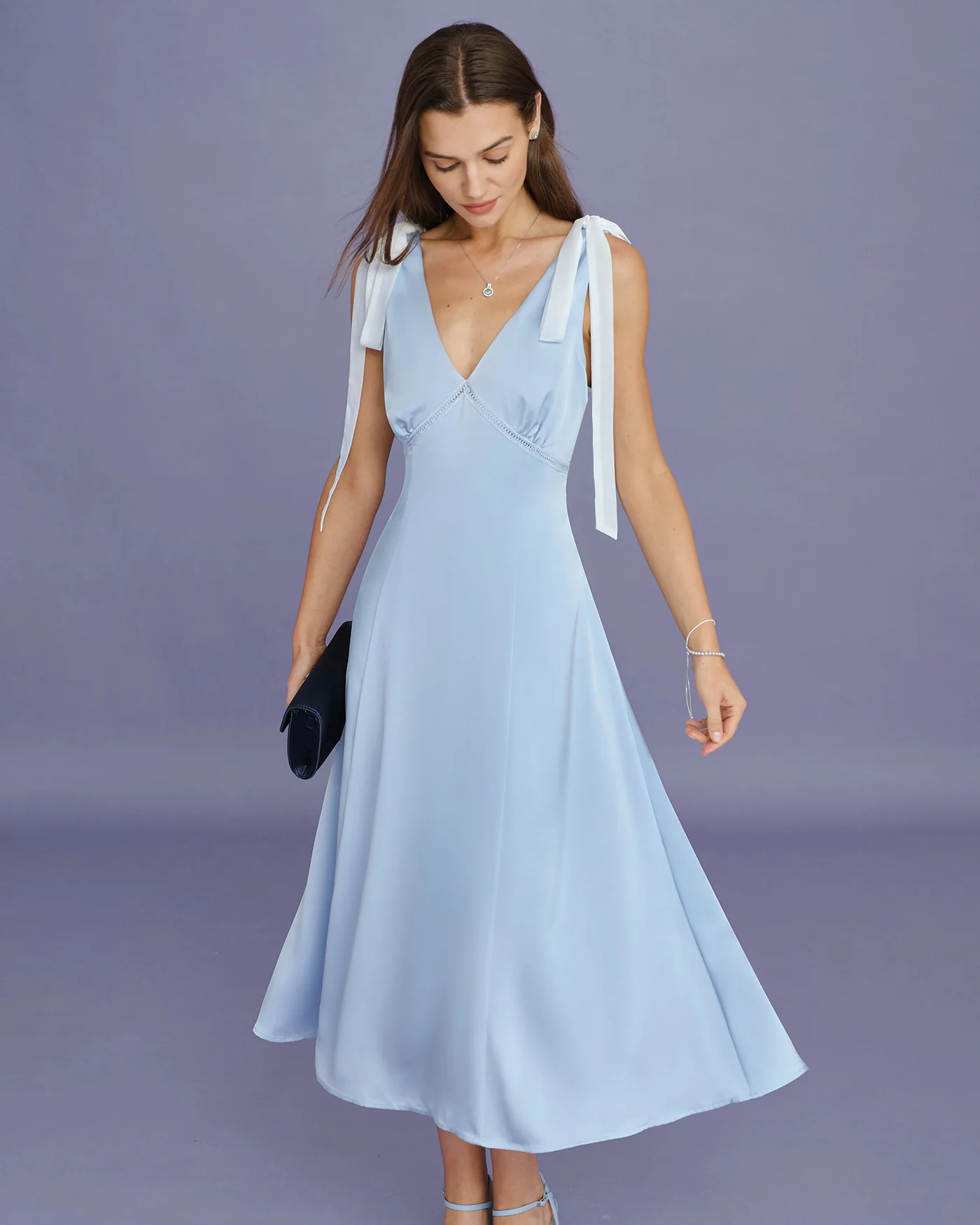 Blue V Neck Cut Out Satin Midi Dress - Image 4