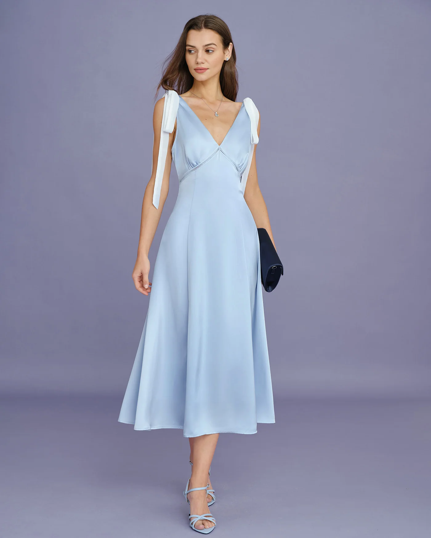 Blue V Neck Cut Out Satin Midi Dress - Image 5