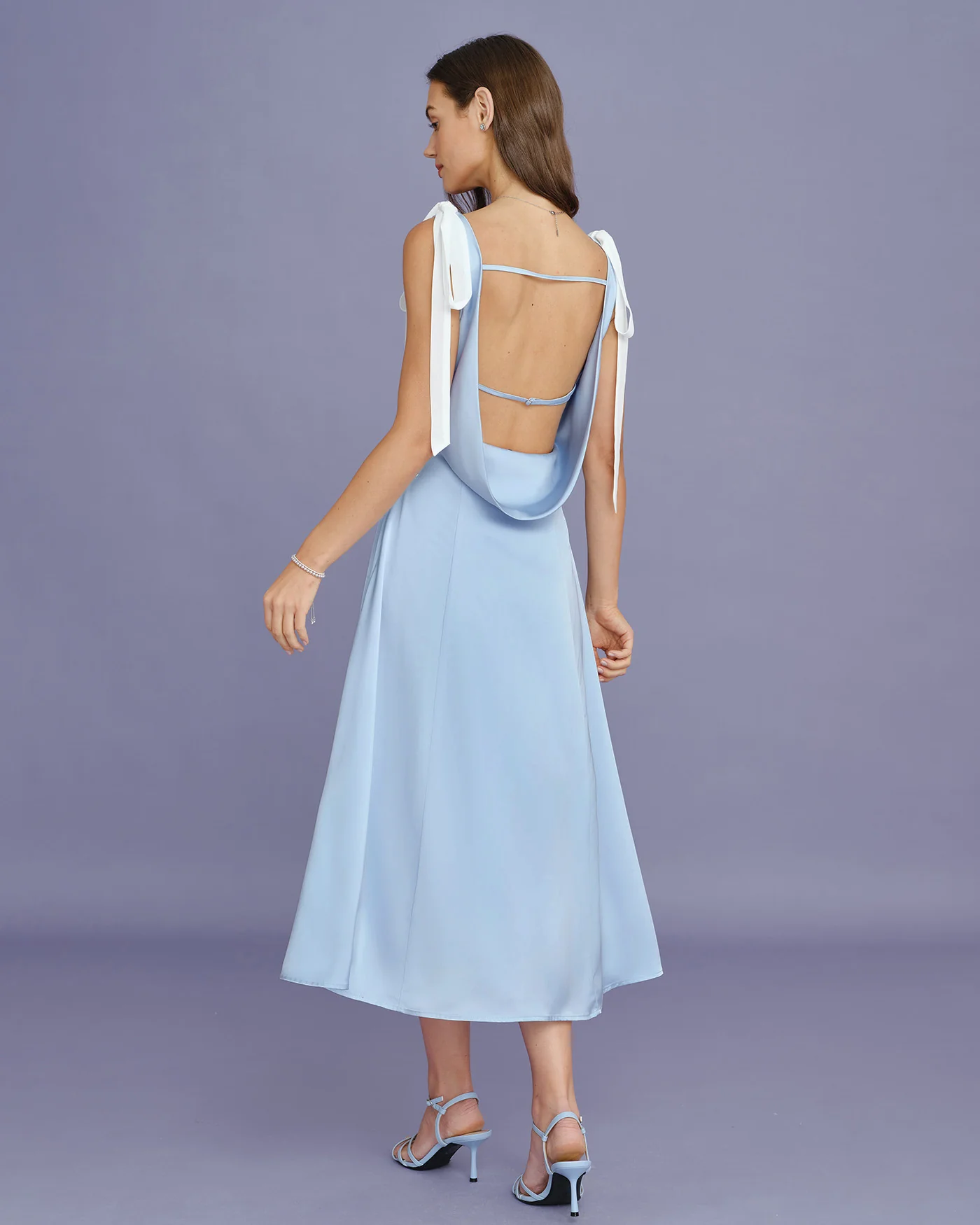 Blue V Neck Cut Out Satin Midi Dress - Image 6