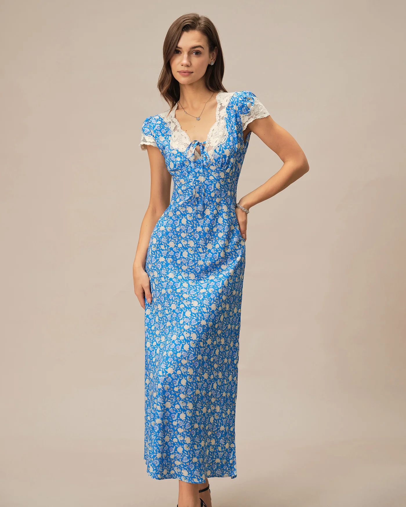 Blue V Neck Floral Maxi Dress - Image 3