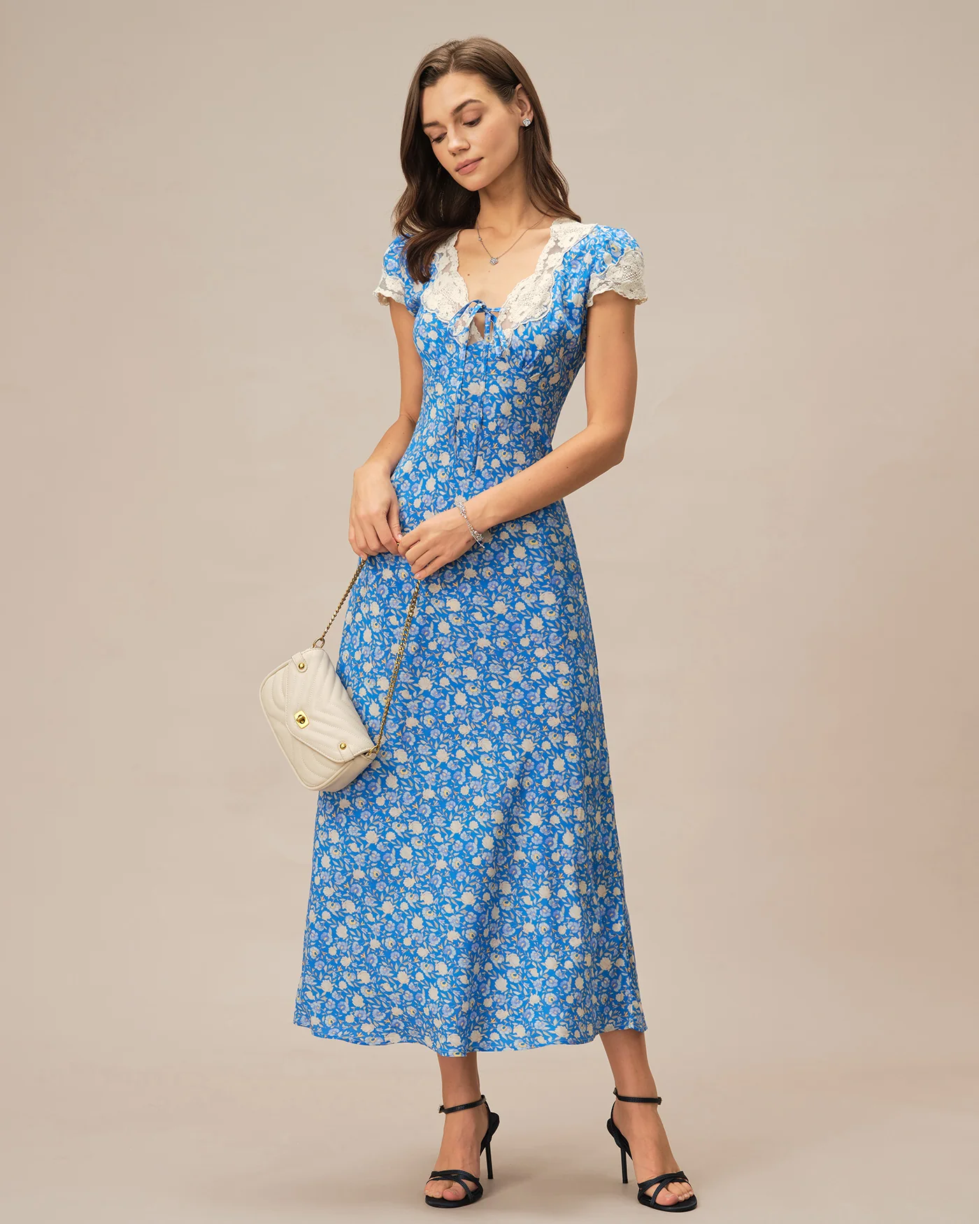 Blue V Neck Floral Maxi Dress - Image 4