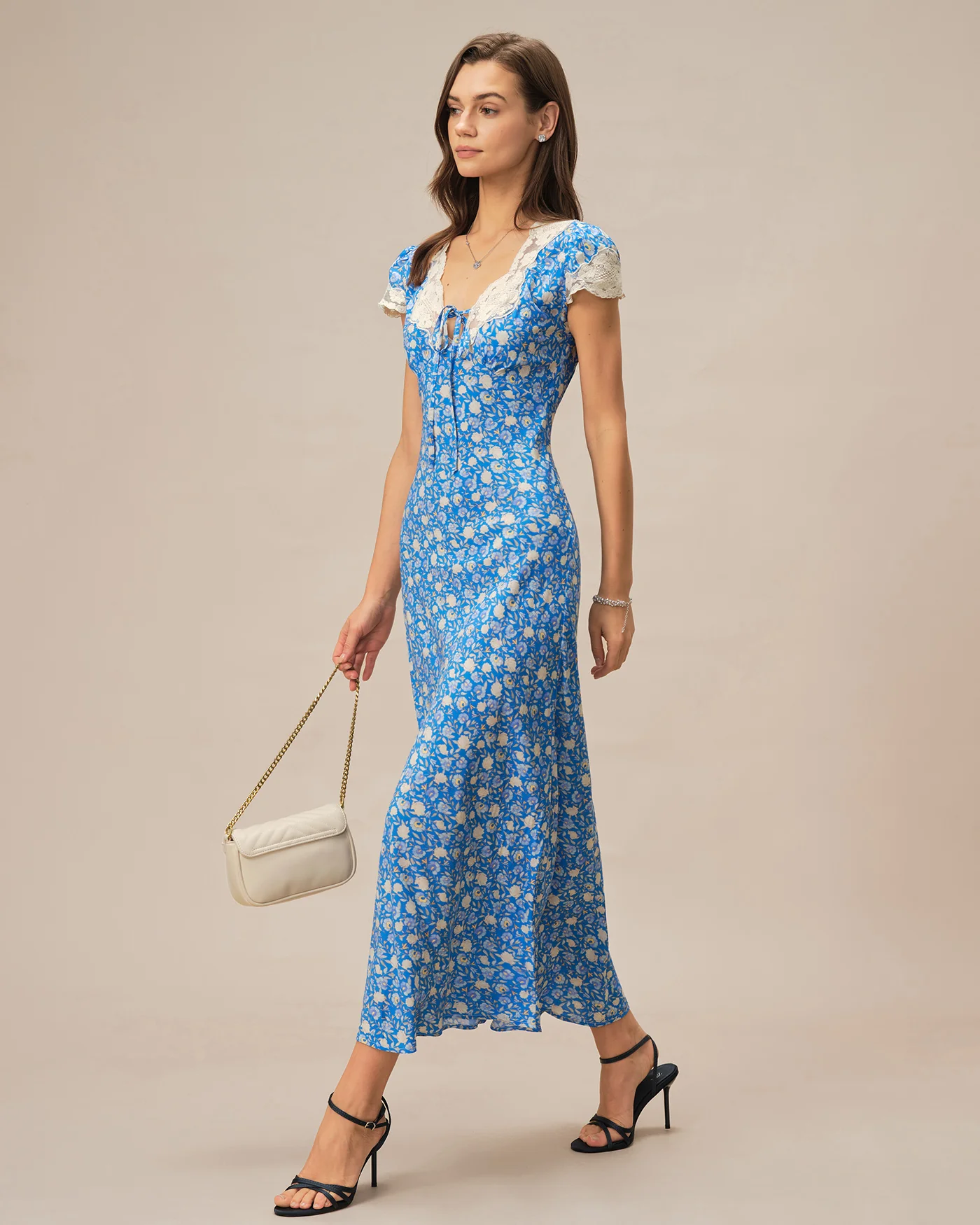 Blue V Neck Floral Maxi Dress - Image 5