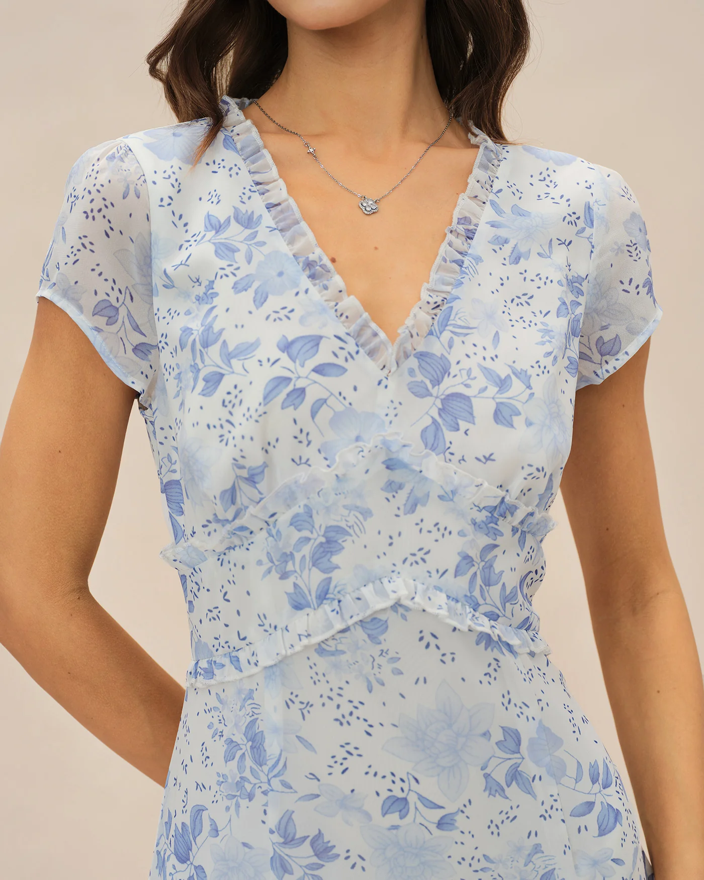 Blue V Neck Floral Midi Dress - Image 2