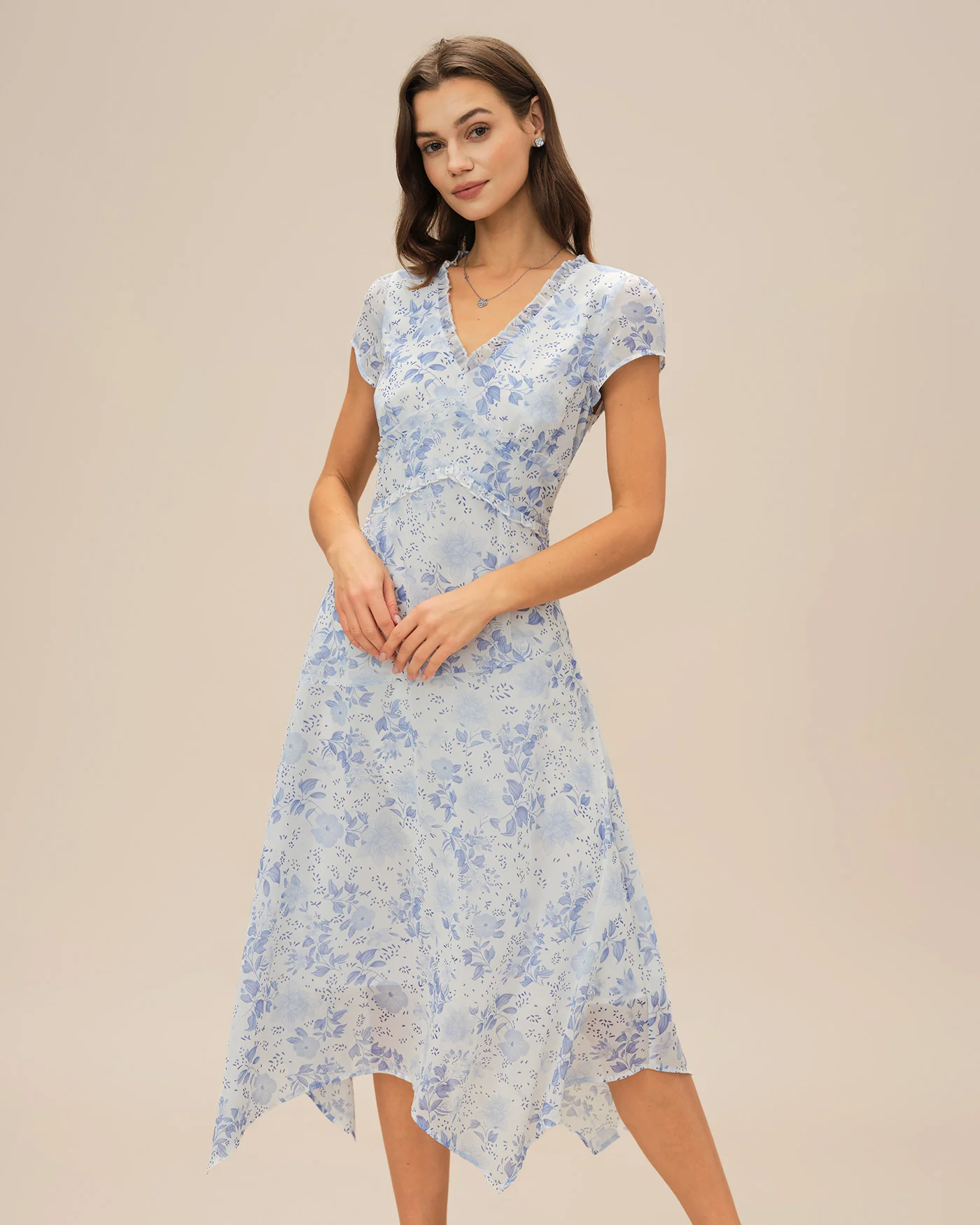Blue V Neck Floral Midi Dress - Image 3