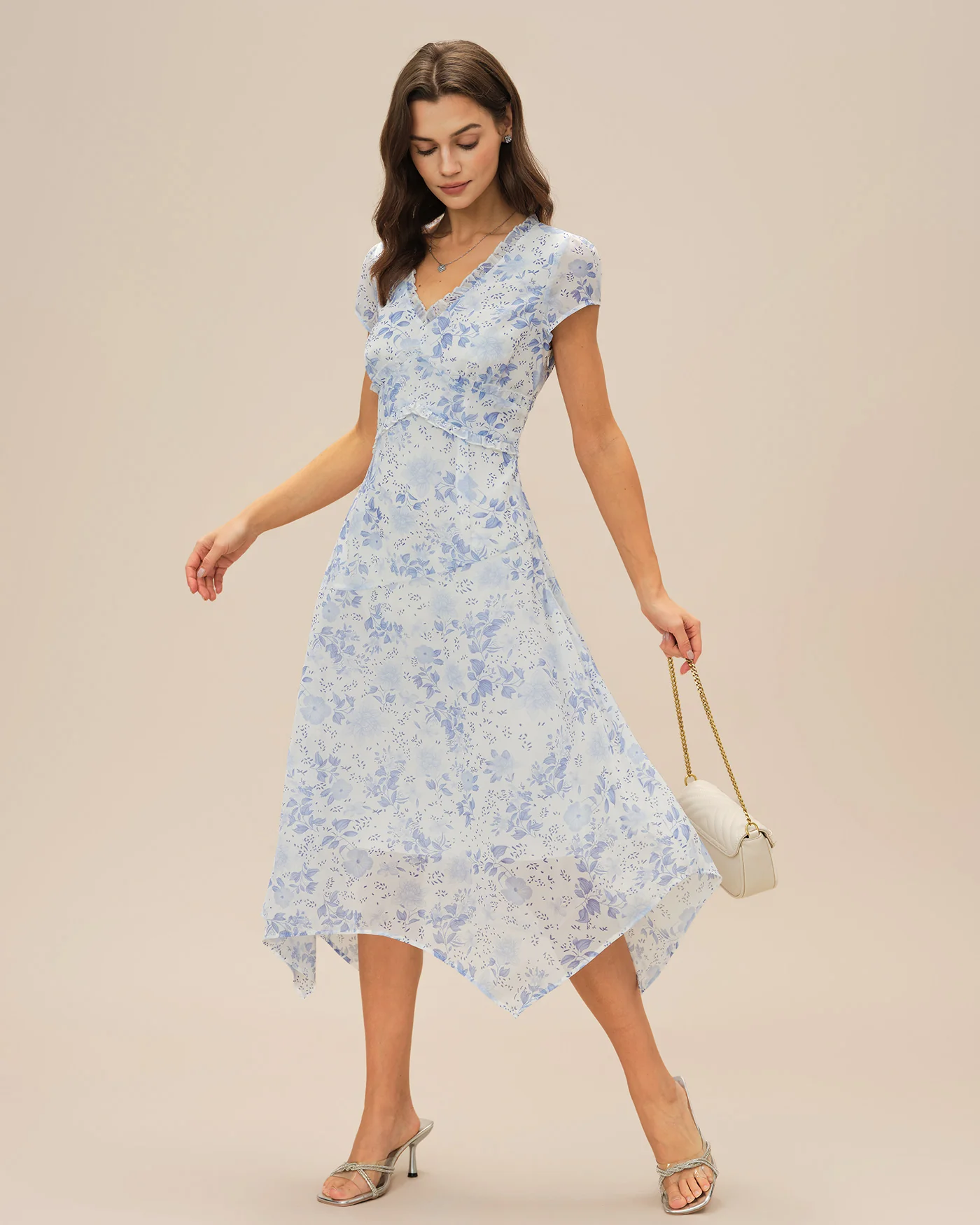 Blue V Neck Floral Midi Dress - Image 4