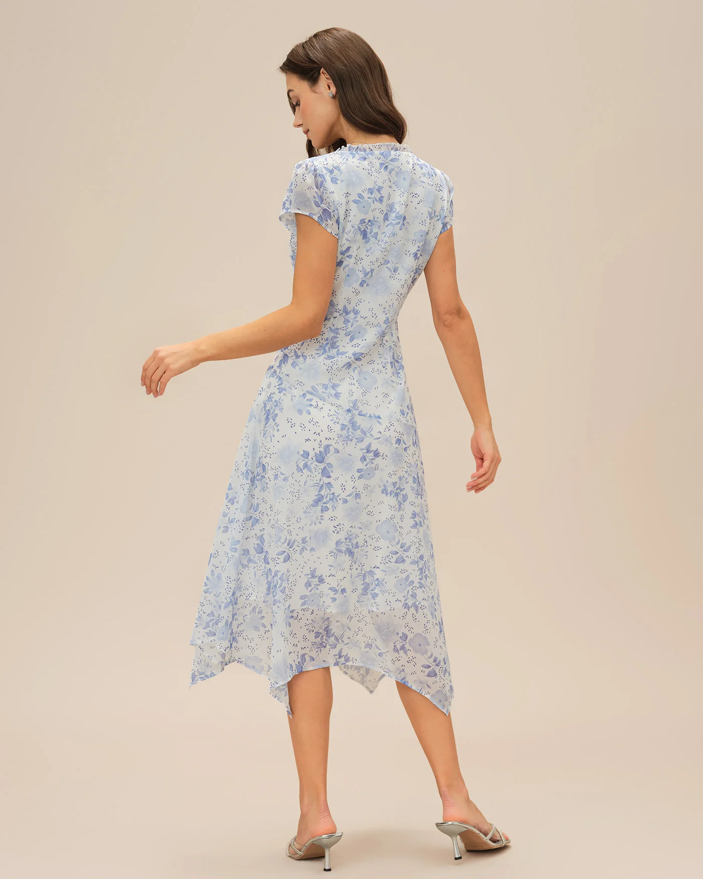 Blue V Neck Floral Midi Dress - Image 5