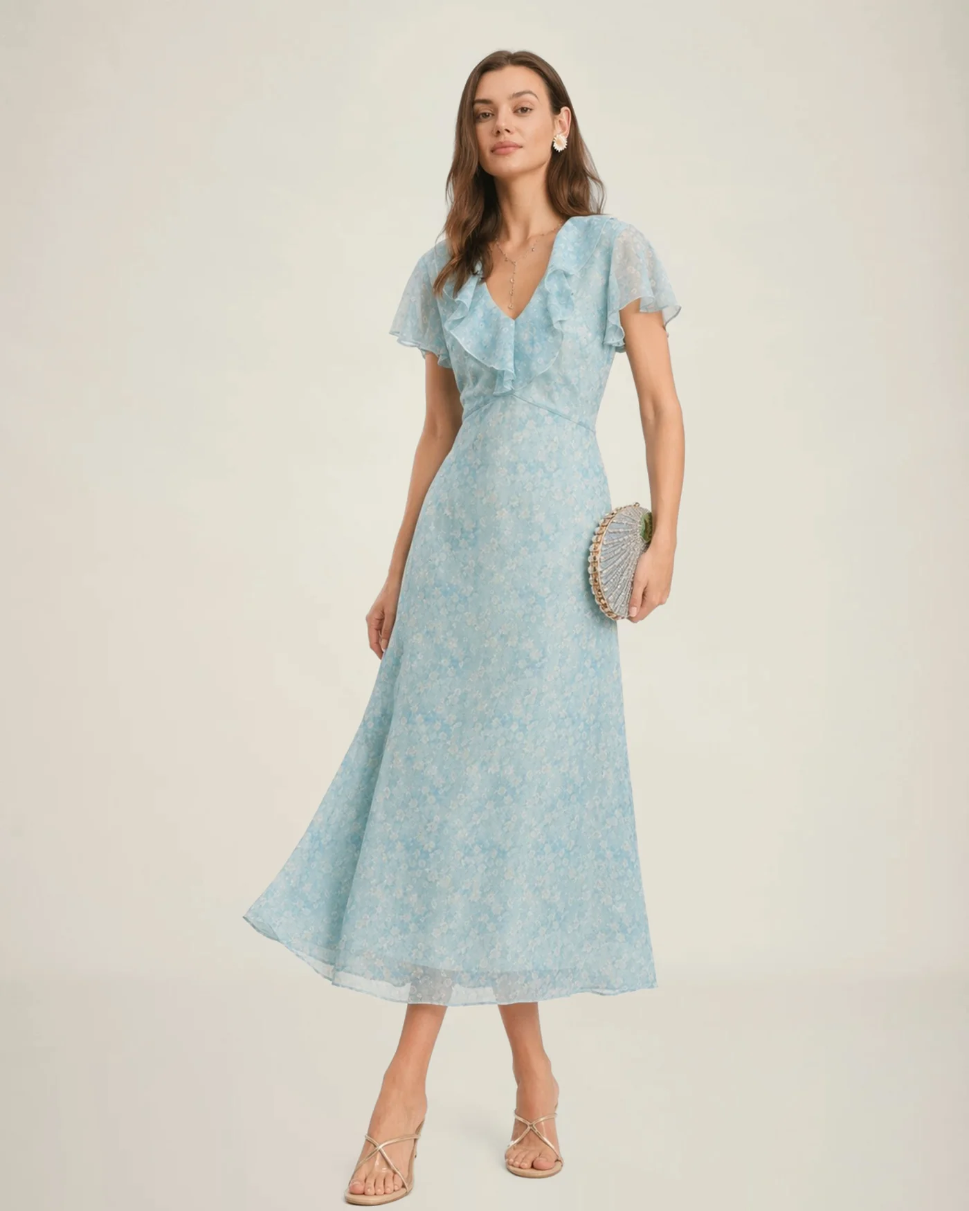 Blue V Neck Floral Ruffle Midi Dress - Image 2