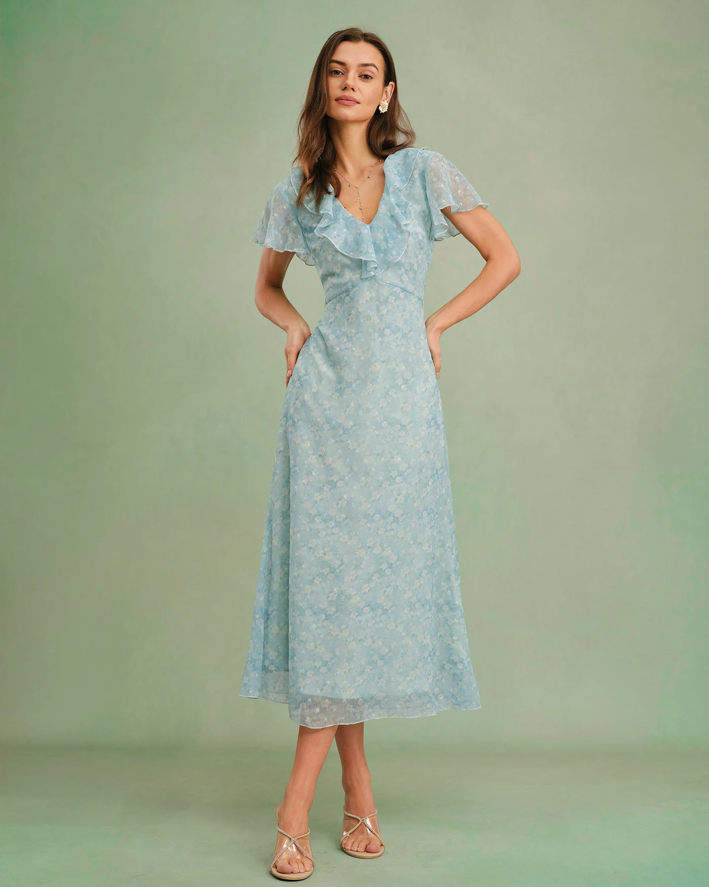 Blue V Neck Floral Ruffle Midi Dress - Image 3