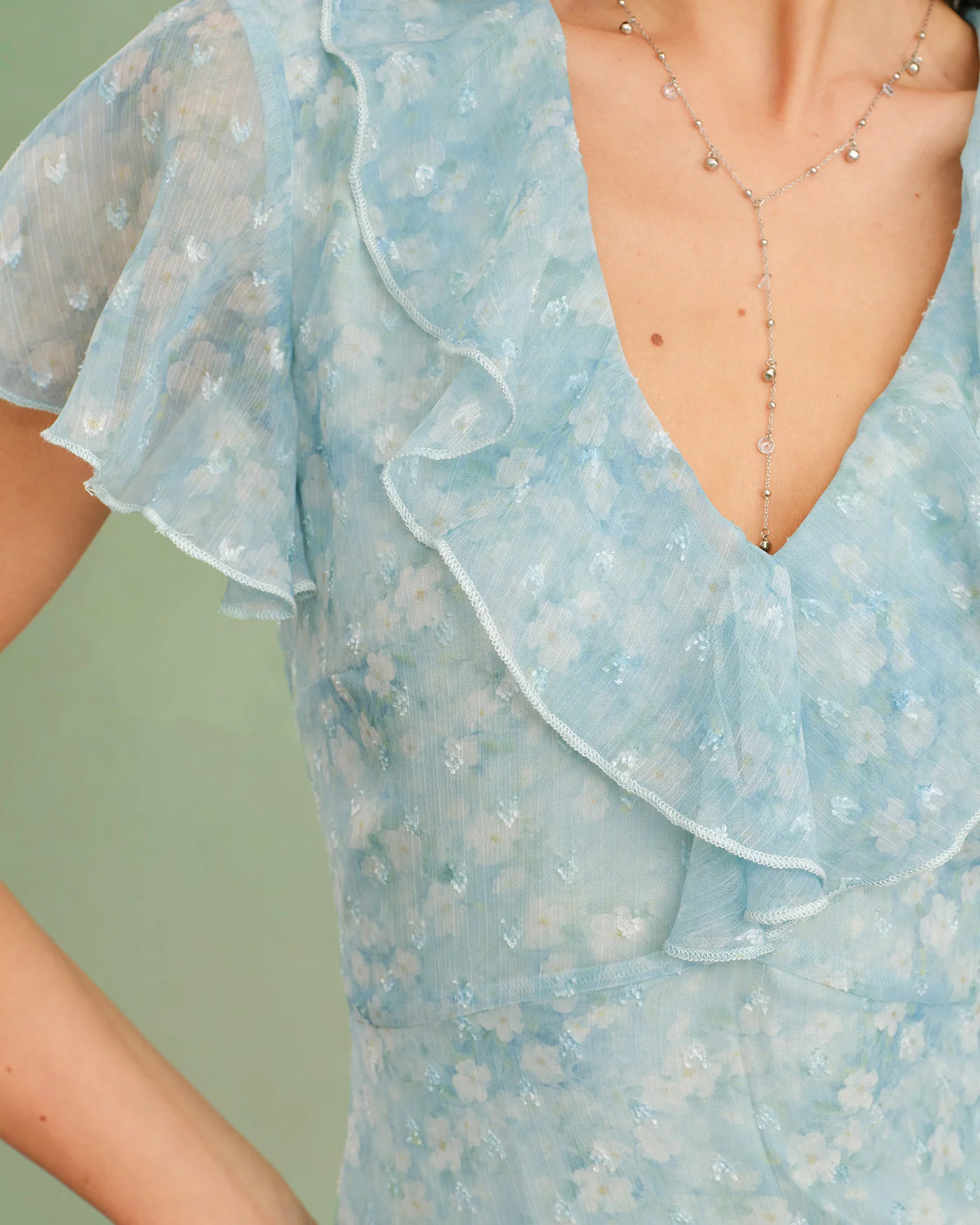 Blue V Neck Floral Ruffle Midi Dress - Image 4