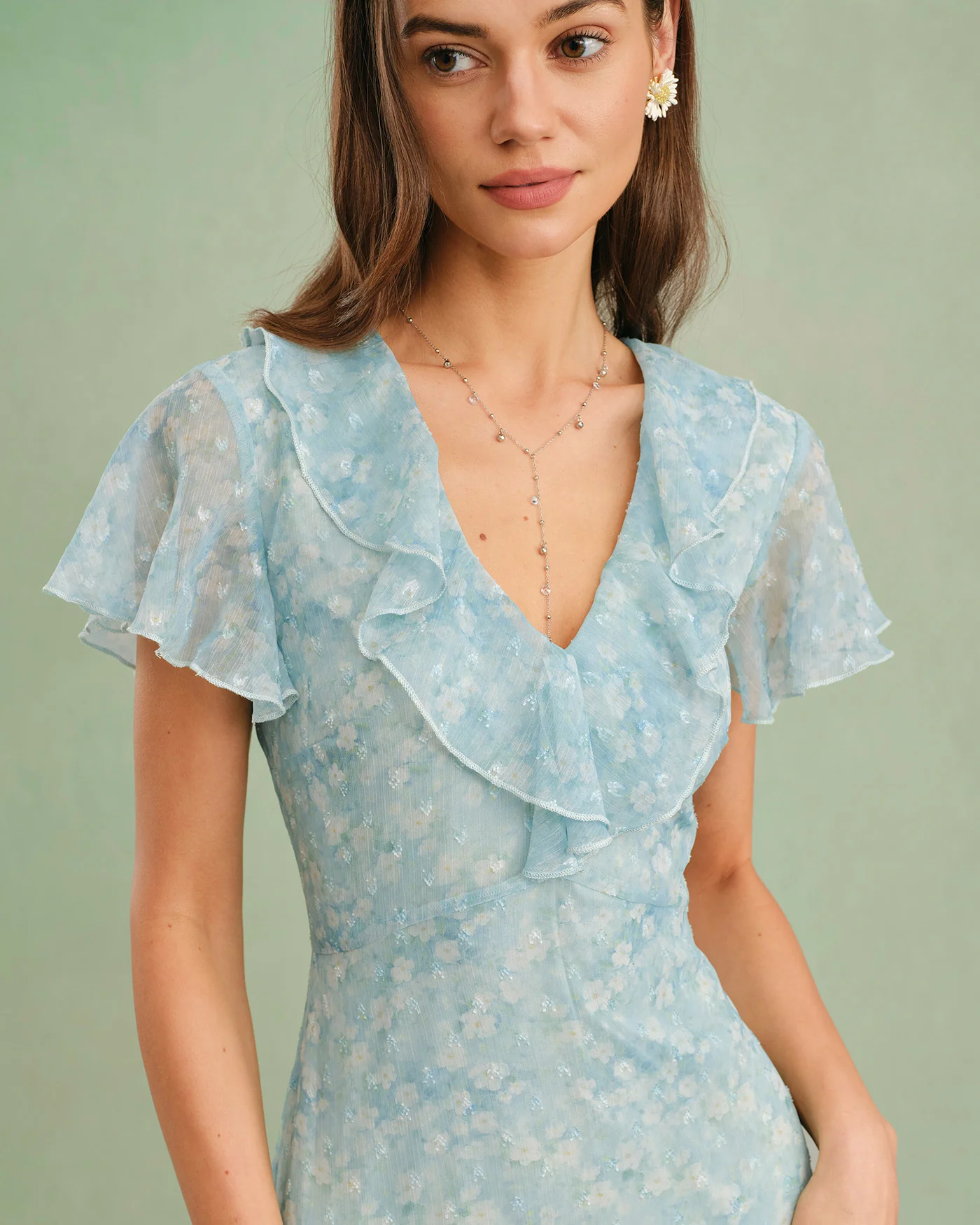 Blue V Neck Floral Ruffle Midi Dress - Image 5