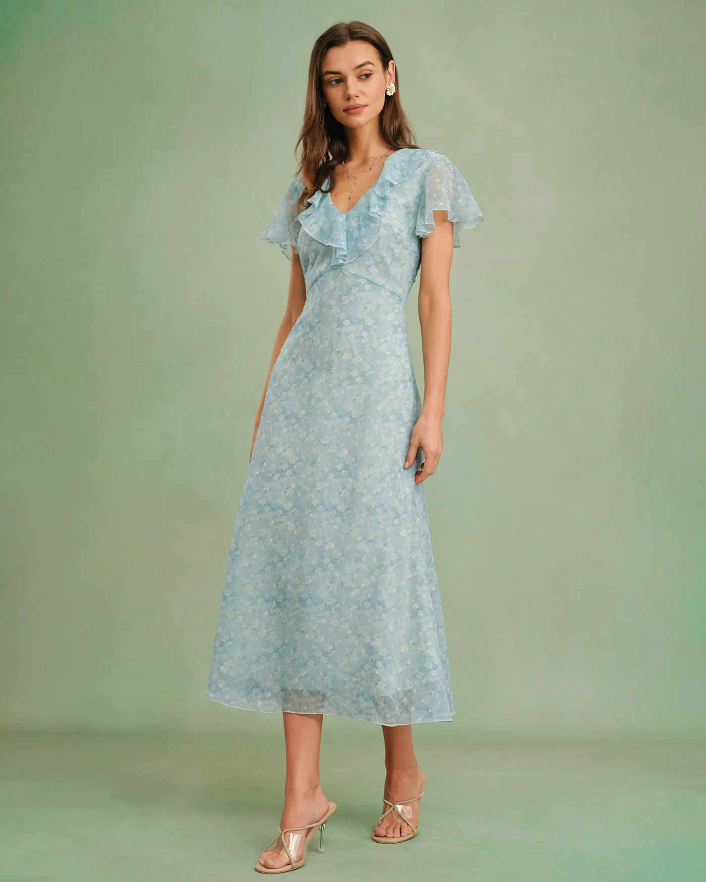 Blue V Neck Floral Ruffle Midi Dress - Image 6