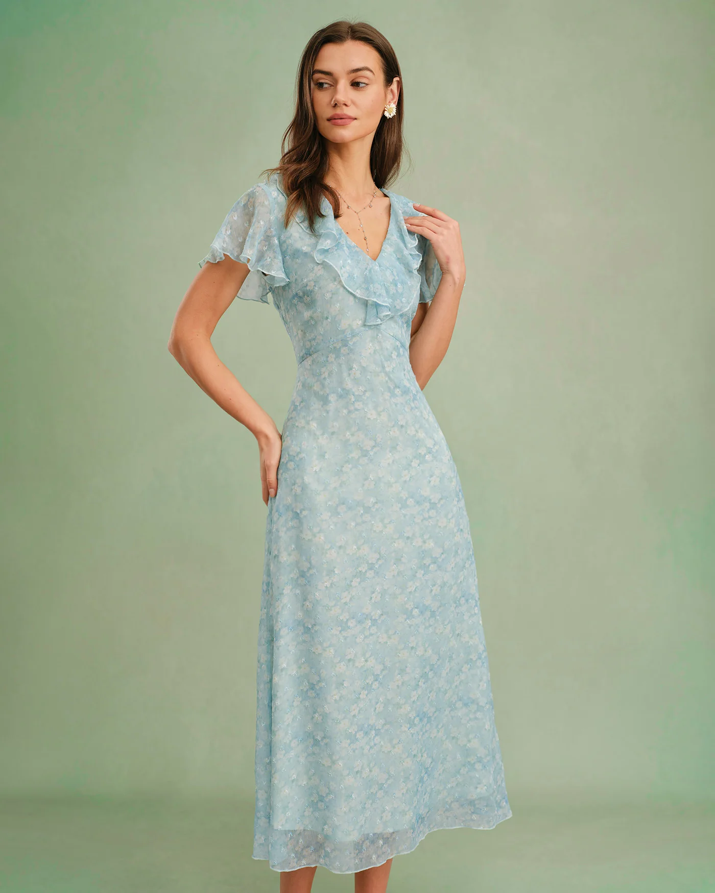 Blue V Neck Floral Ruffle Midi Dress - Image 7