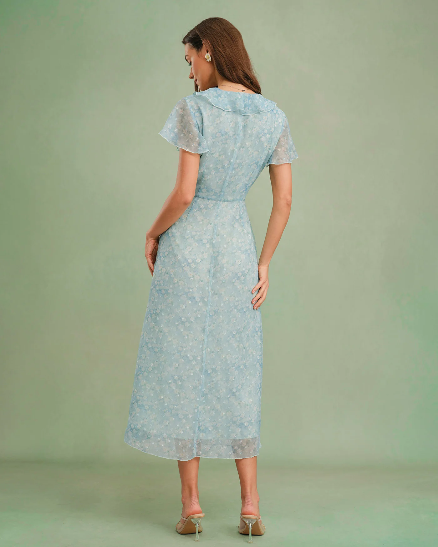 Blue V Neck Floral Ruffle Midi Dress - Image 8