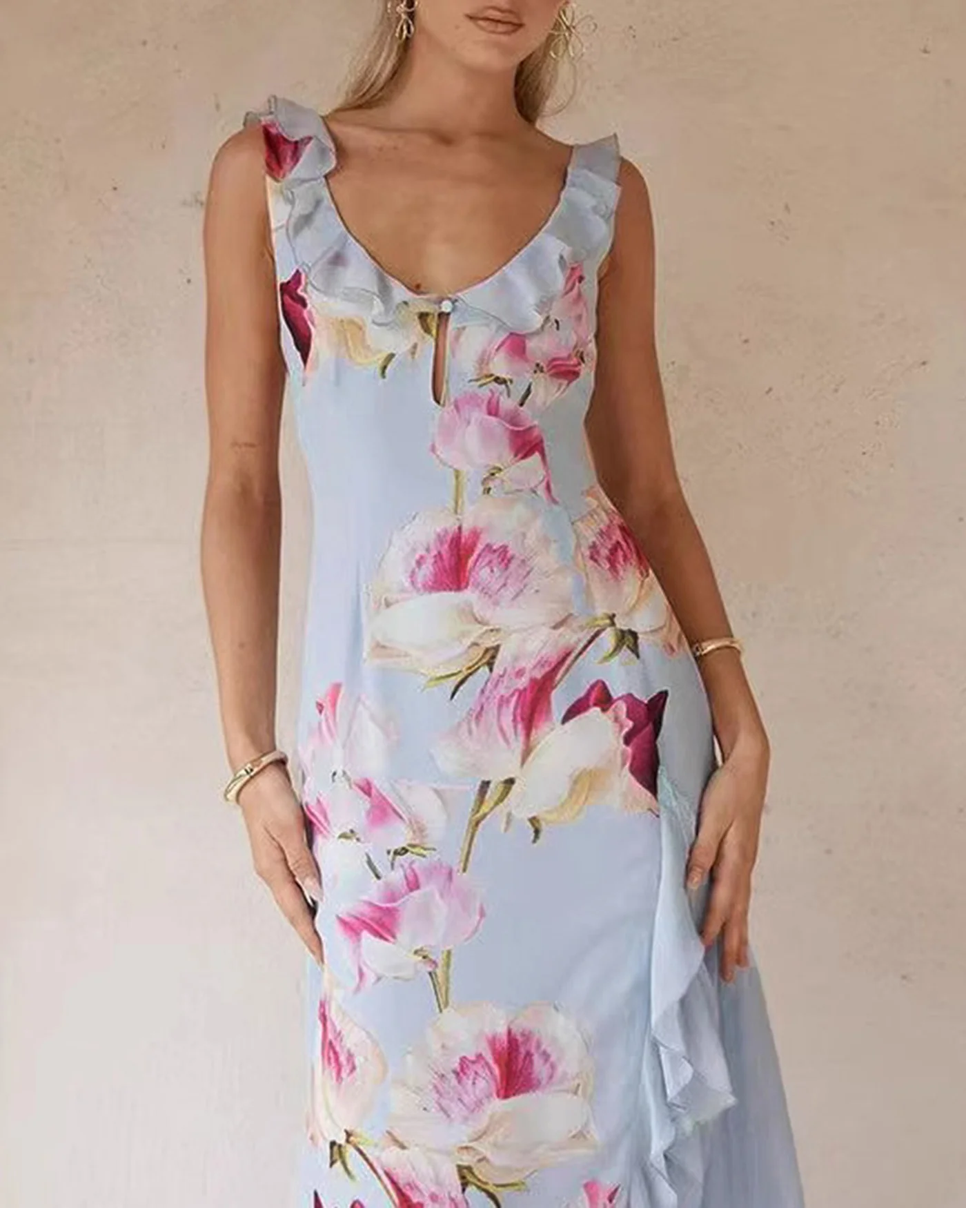 Blue V Neck Floral Ruffle Slip Maxi Dress - Image 3
