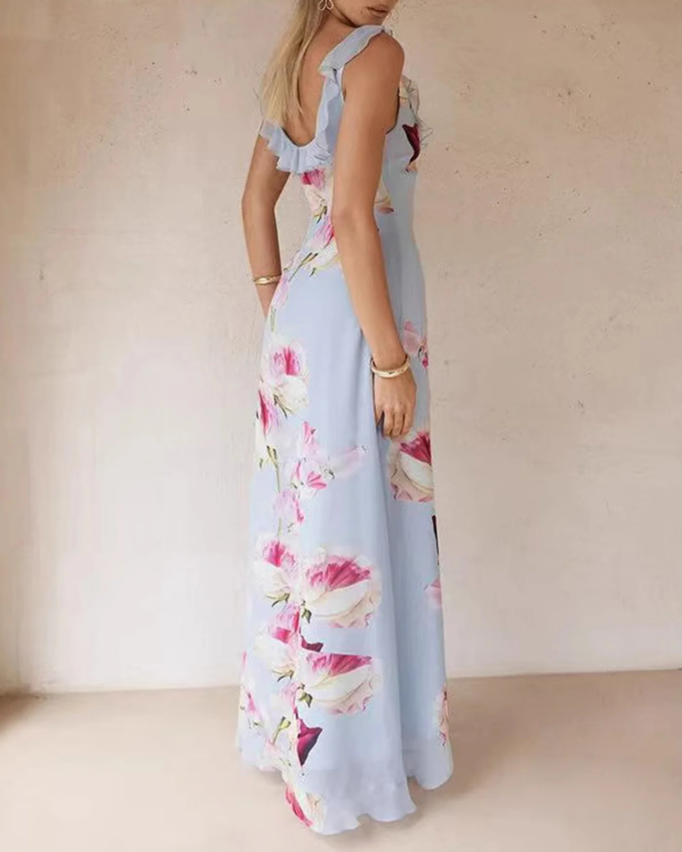 Blue V Neck Floral Ruffle Slip Maxi Dress - Image 4
