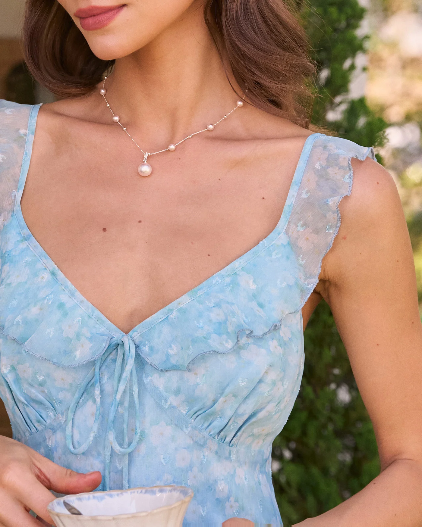 Blue V Neck Jacquard Ruffle Mini Dress - Image 2