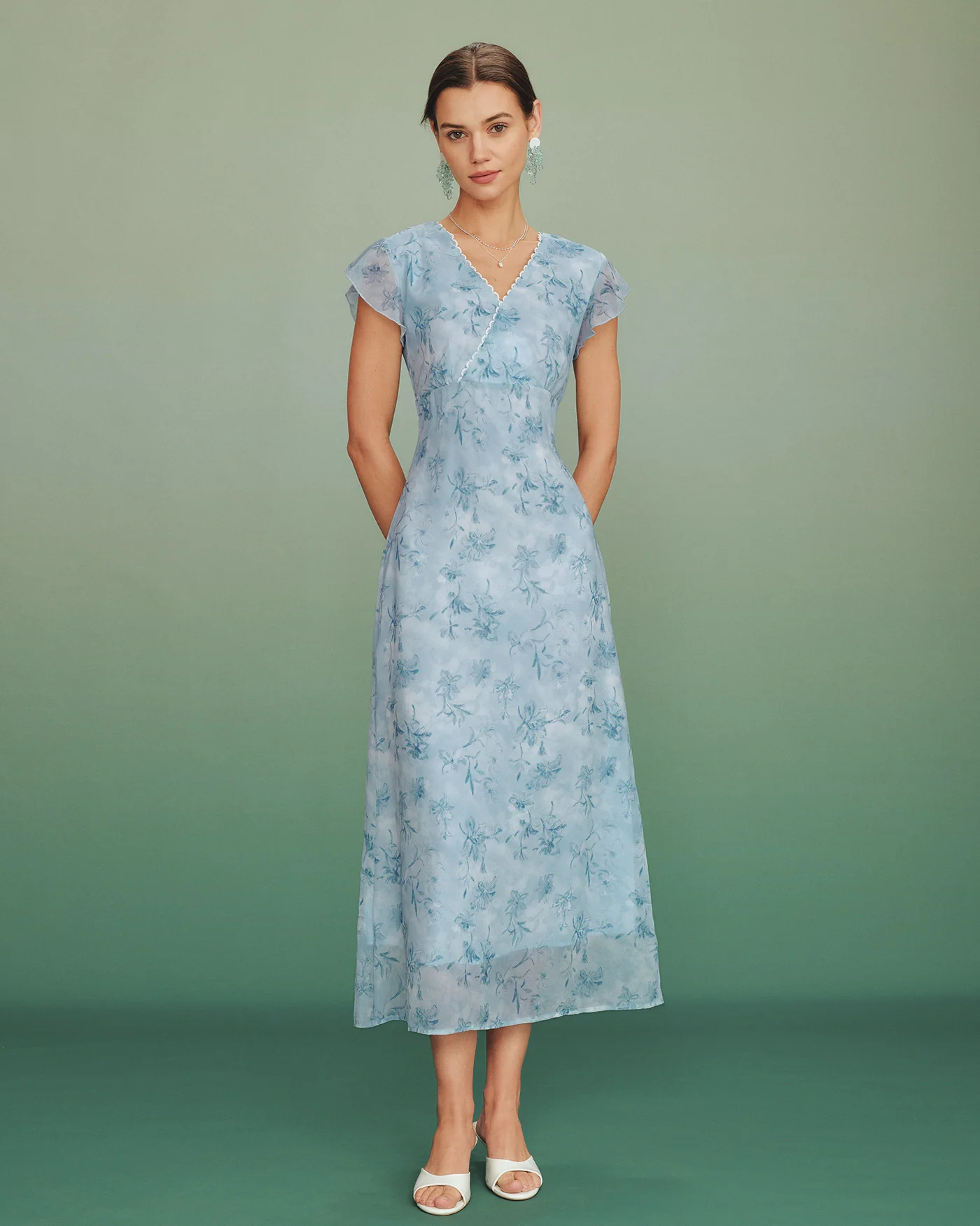 Blue V Neck Lace Floral Maxi Dress - Image 2