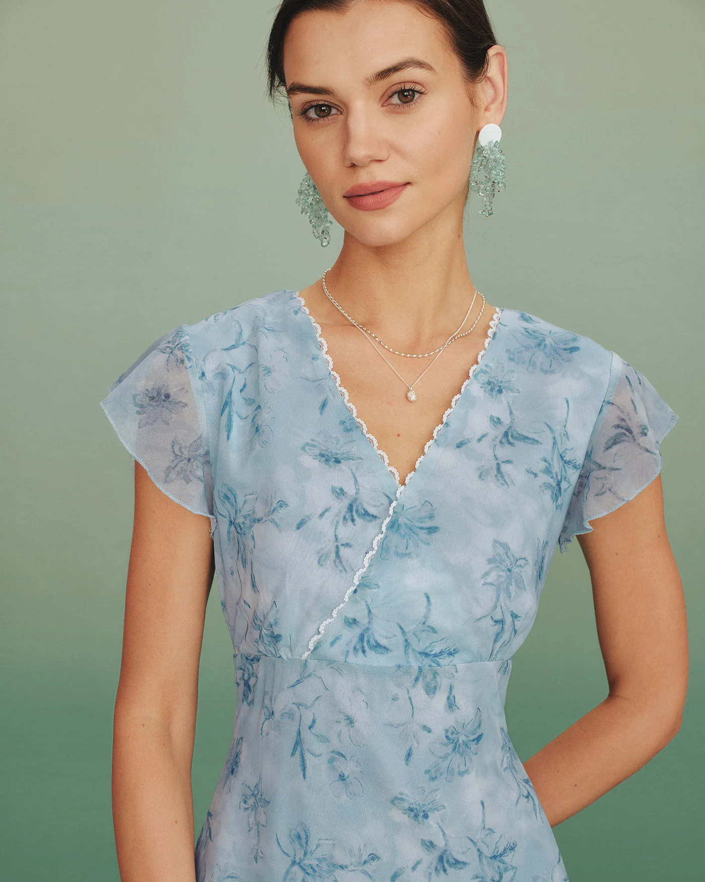 Blue V Neck Lace Floral Maxi Dress - Image 3