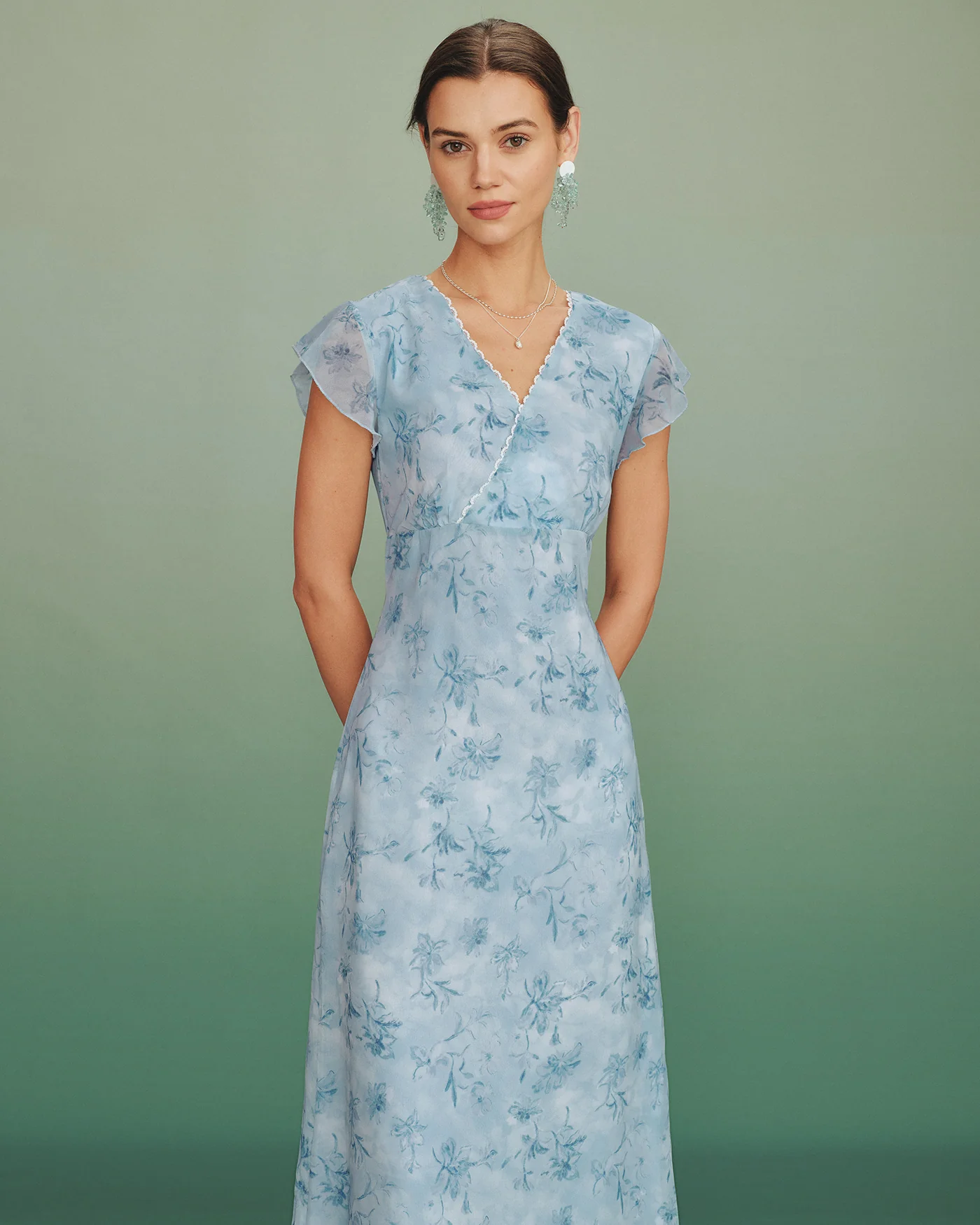 Blue V Neck Lace Floral Maxi Dress - Image 4