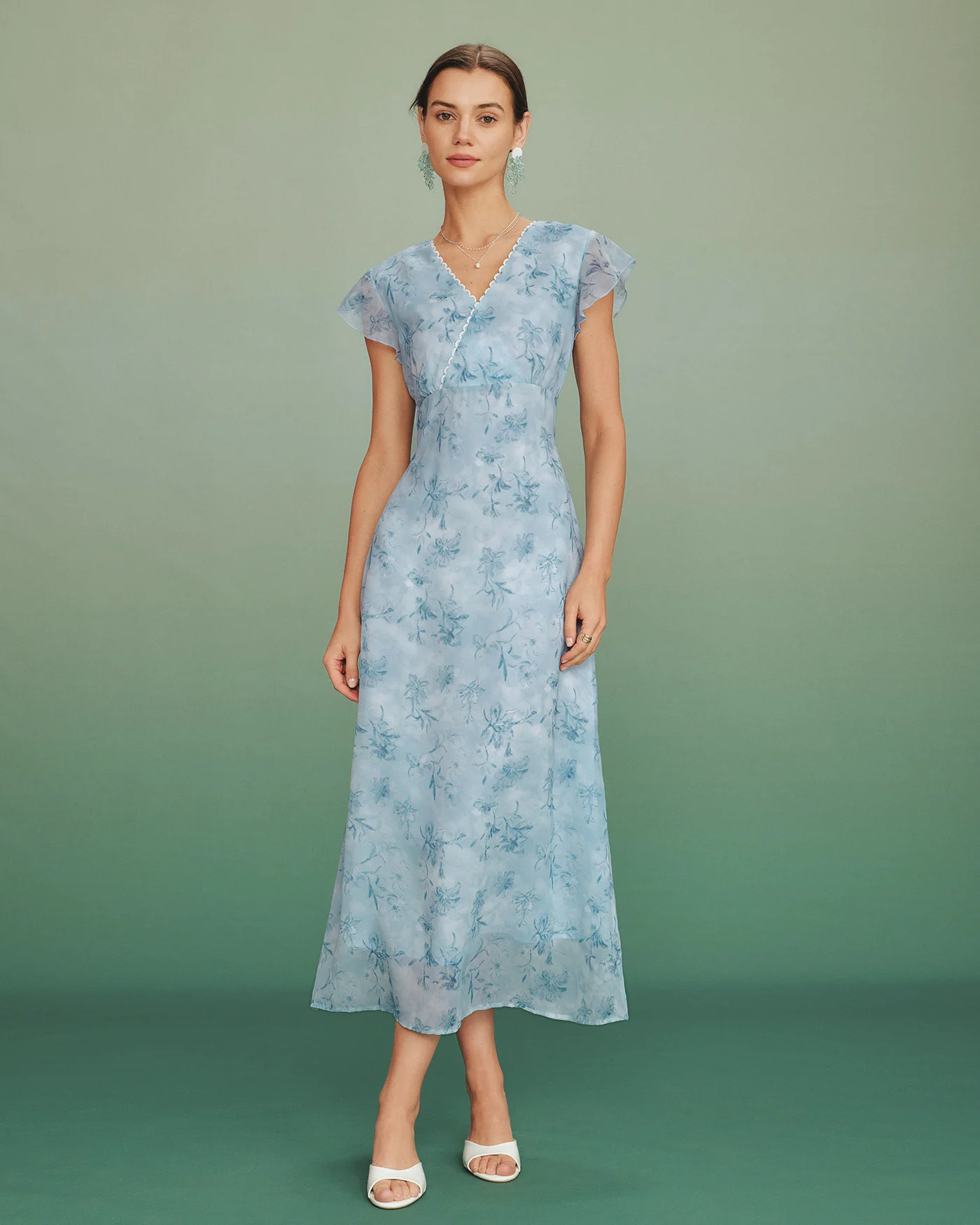 Blue V Neck Lace Floral Maxi Dress - Image 5