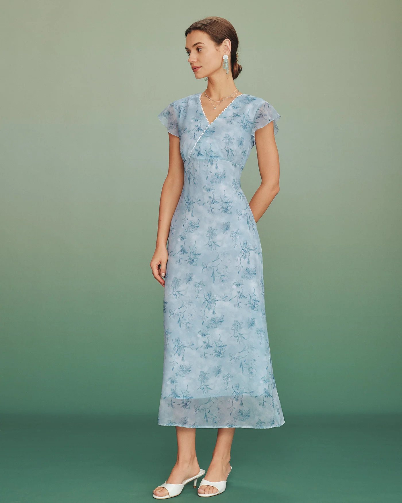 Blue V Neck Lace Floral Maxi Dress - Image 6